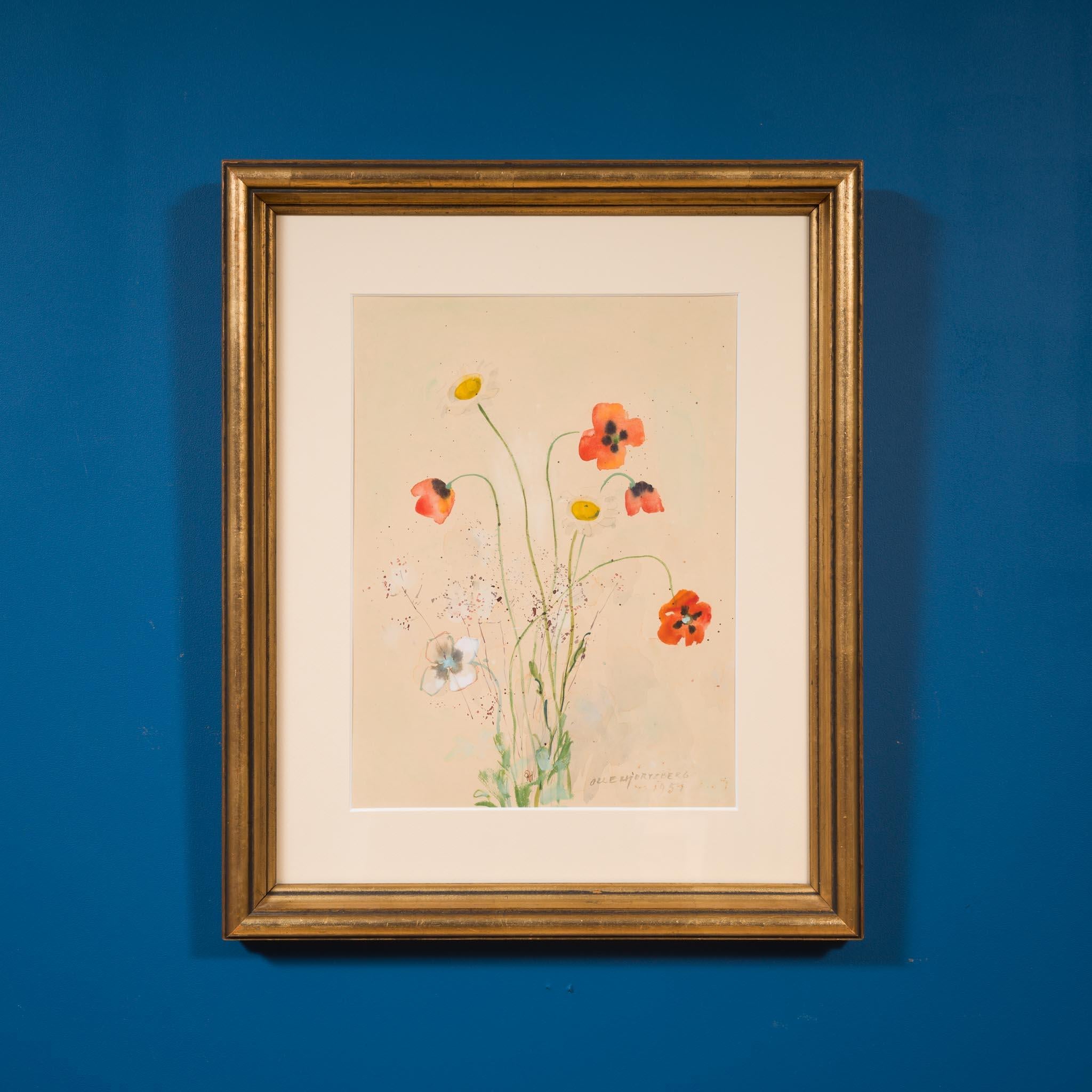 Poppies and Daisies, 1951 - A Rare Scandinavian Floral Impression - Beige Still-Life by Olle Hjortzberg
