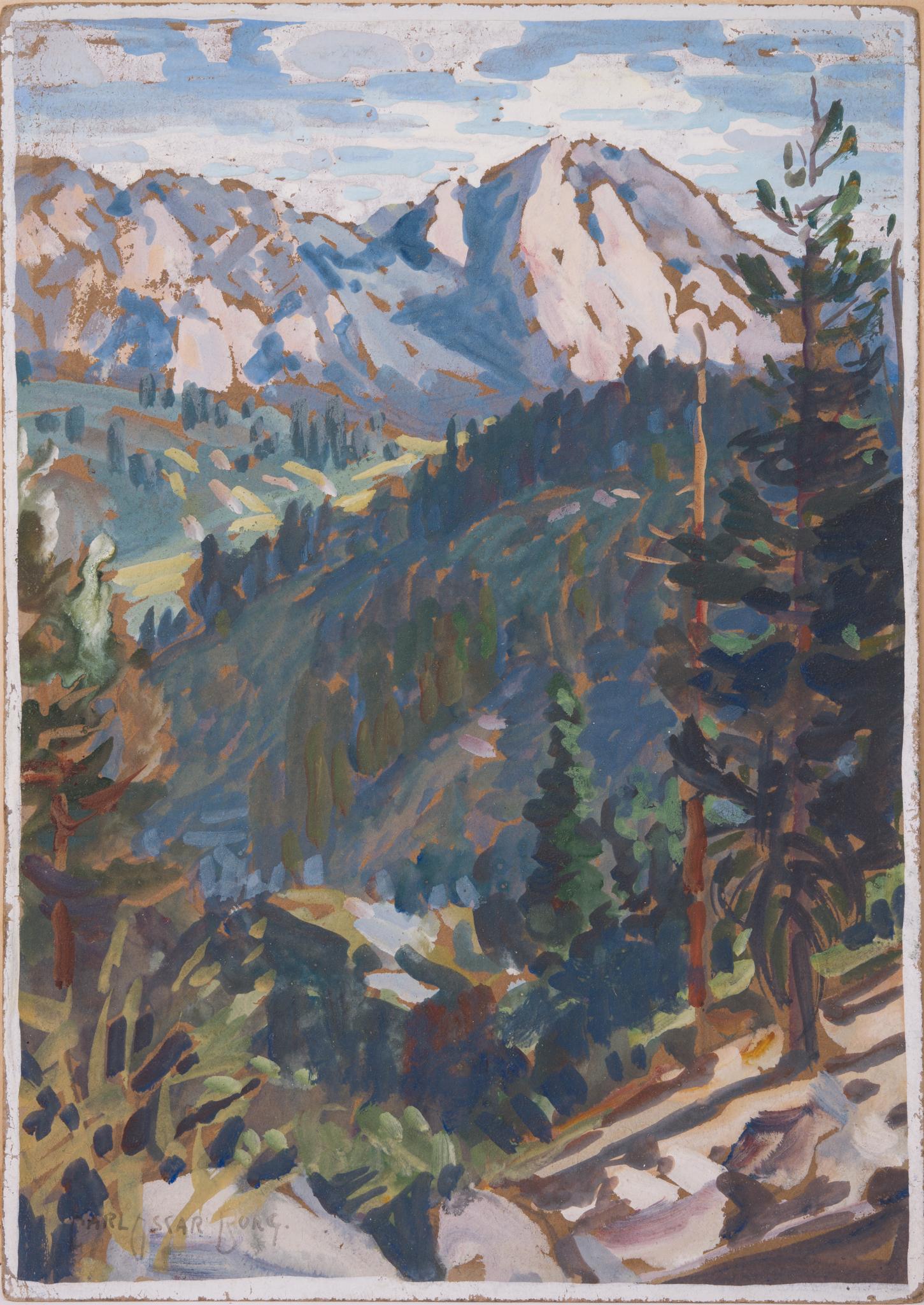 Vista della valle con pini e cime lontane, Sierra Nevada (forse Yosemite) in vendita 2