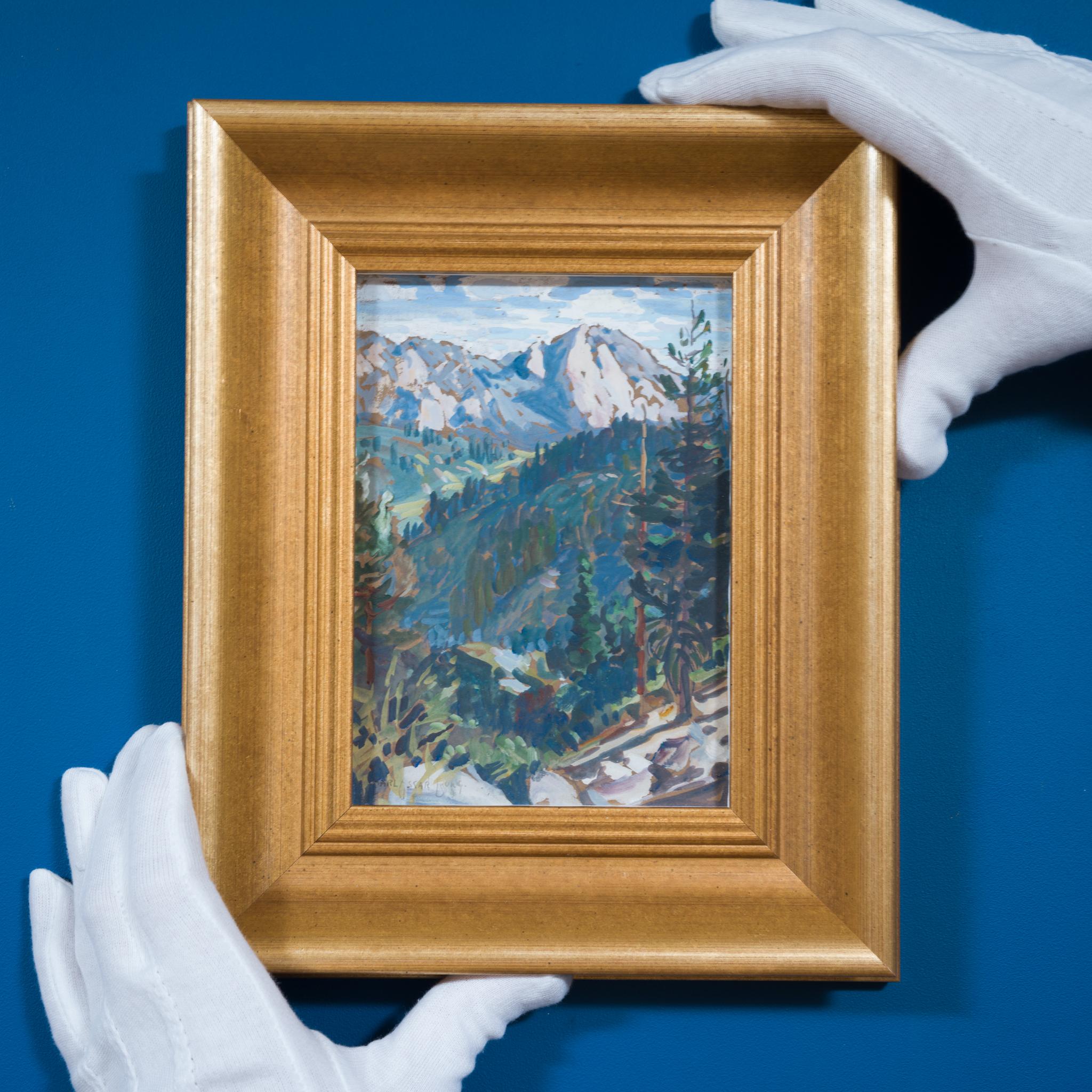 Vista della valle con pini e cime lontane, Sierra Nevada (forse Yosemite) - Art di Carl Oscar Borg