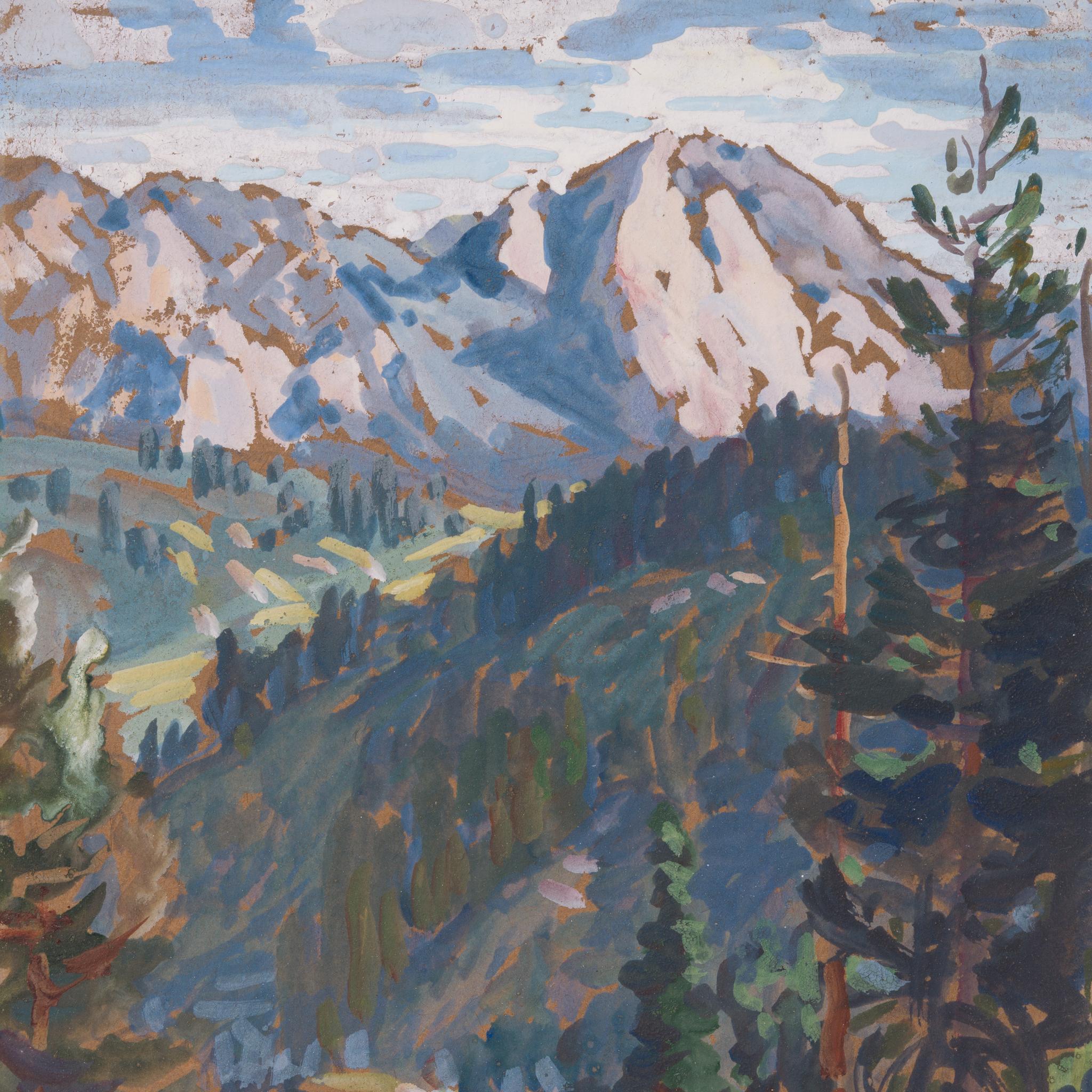 Vista della valle con pini e cime lontane, Sierra Nevada (forse Yosemite) in vendita 1