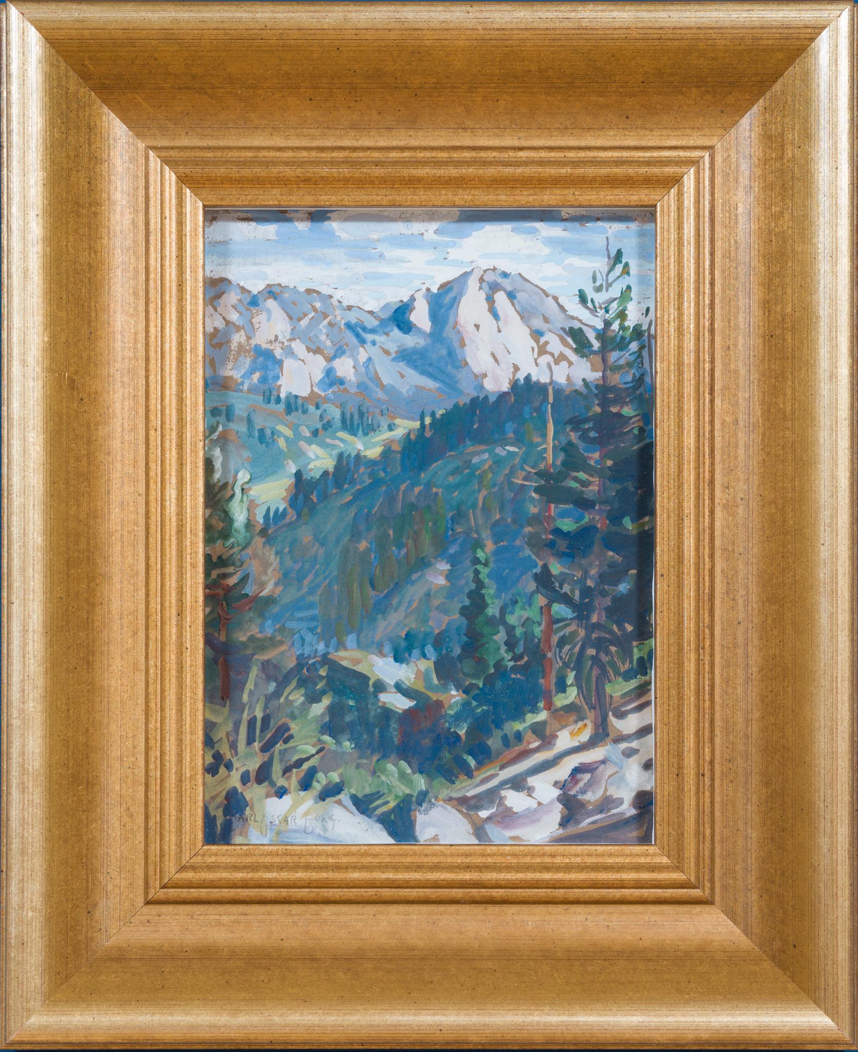 Vista della valle con pini e cime lontane, Sierra Nevada (forse Yosemite) - Landscape Art Marrone di Carl Oscar Borg