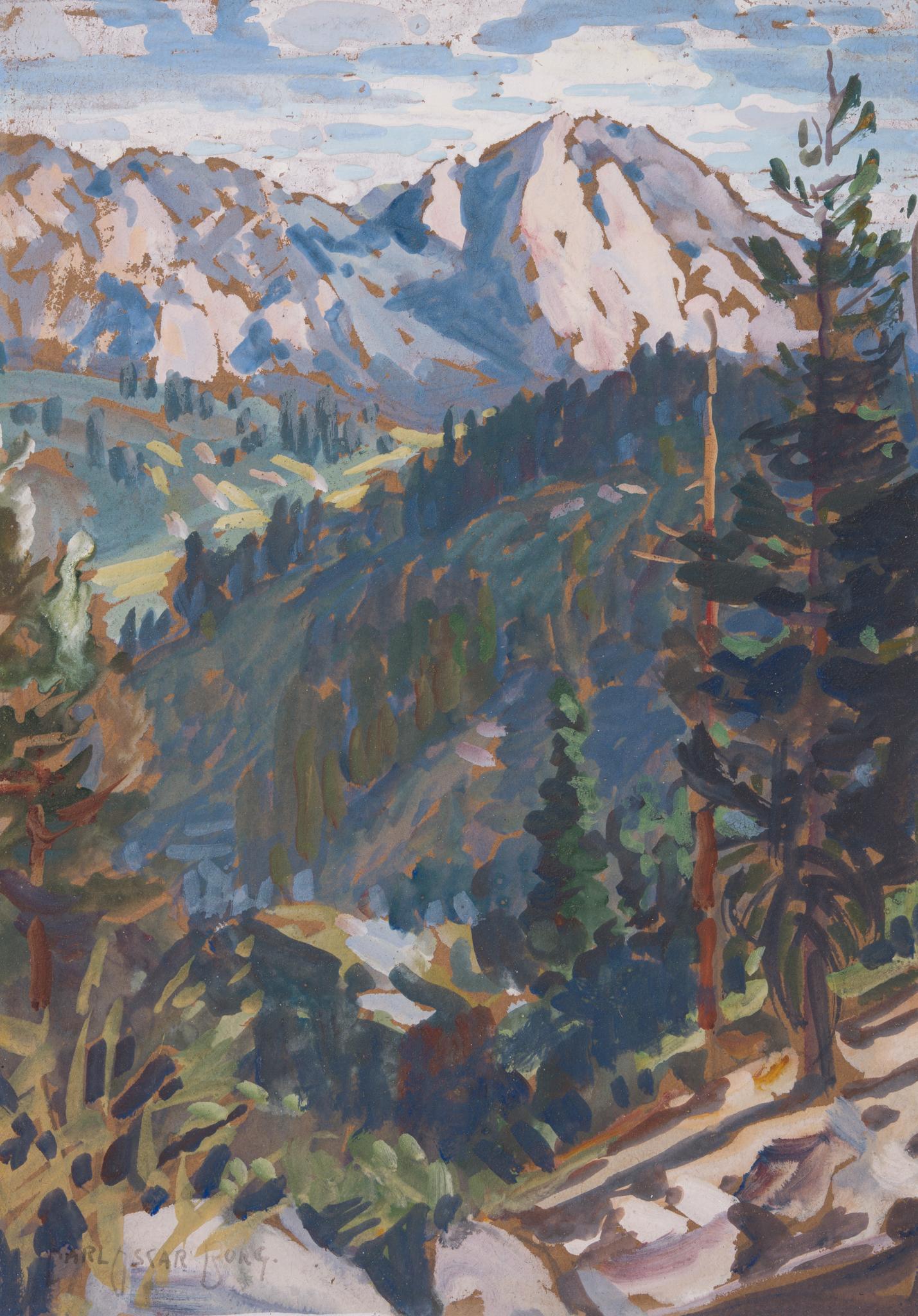Vista della valle con pini e cime lontane, Sierra Nevada (forse Yosemite) - Art Impressionismo di Carl Oscar Borg