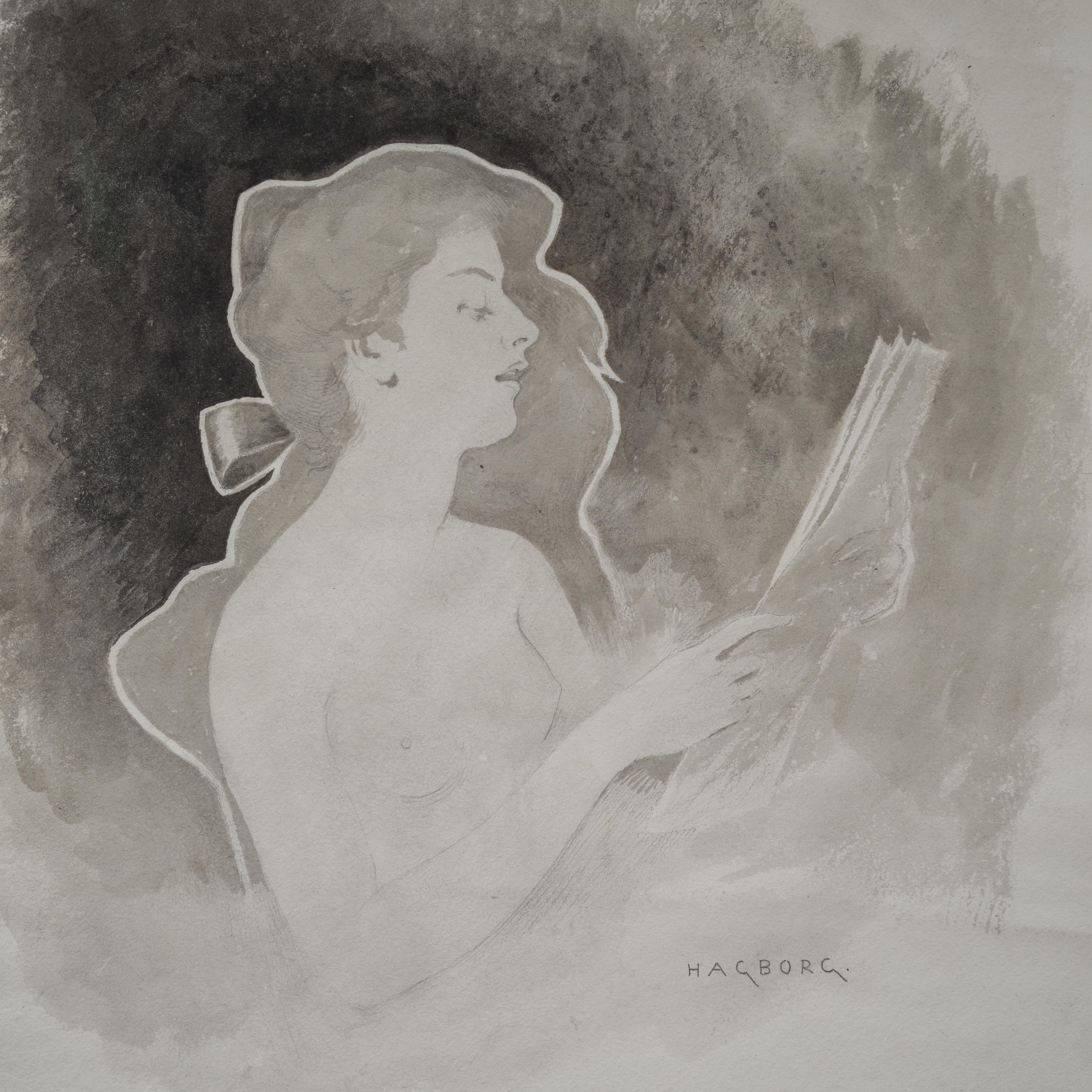 Sarah Bernhardt de profil - Dessin d'August Hagborg en vente 4