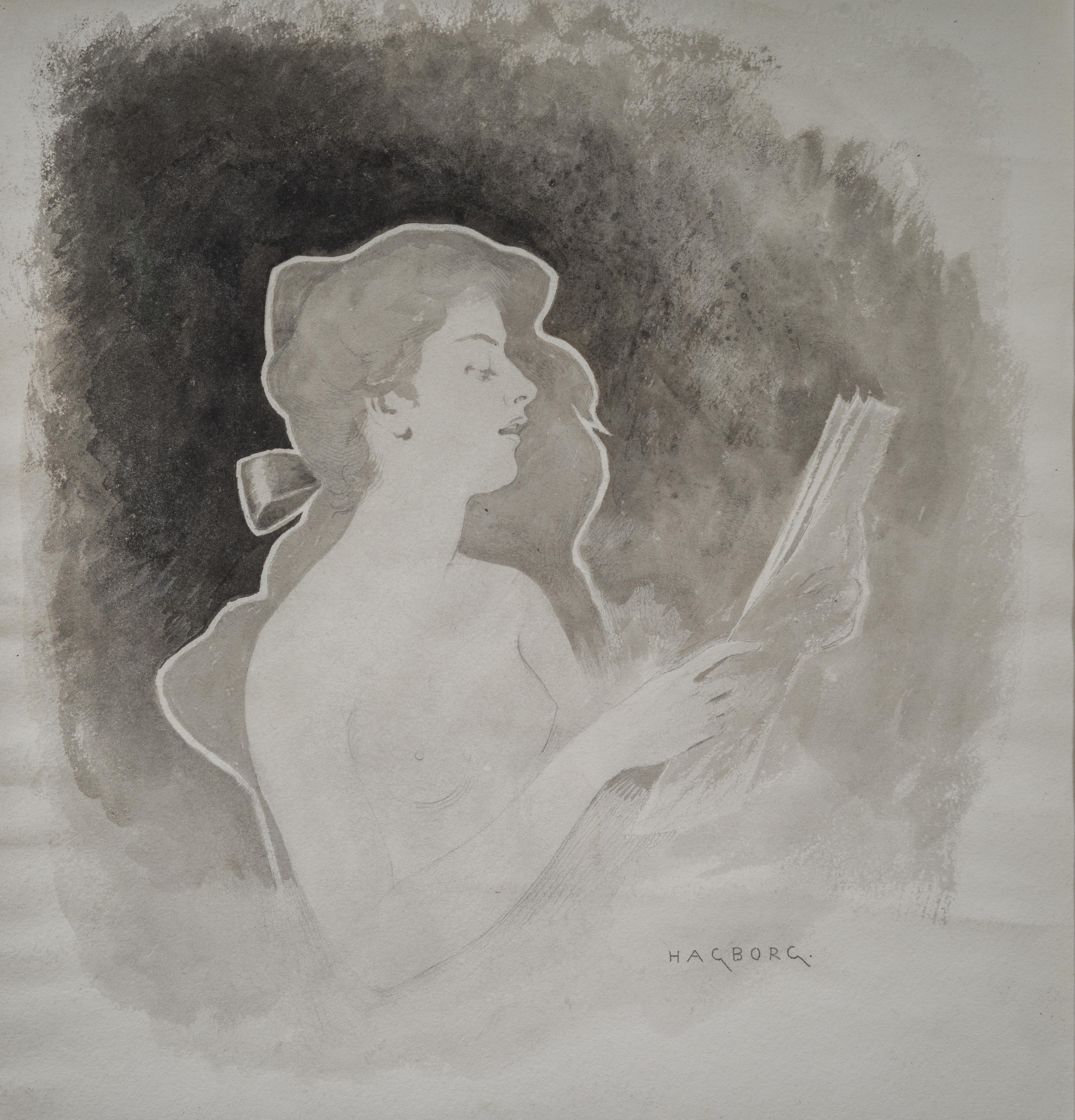 Sarah Bernhardt de profil - Dessin d'August Hagborg en vente 2
