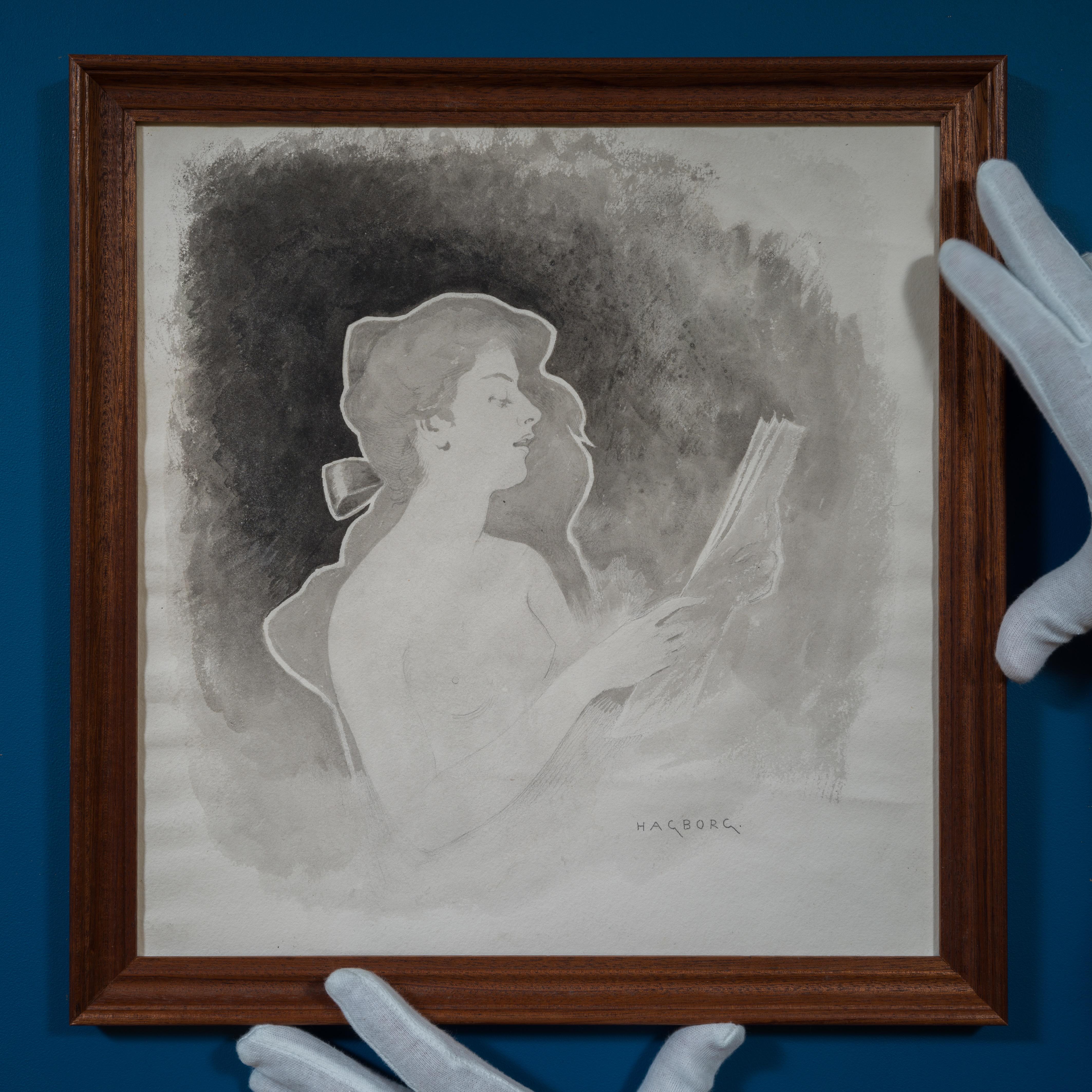 Sarah Bernhardt de profil - Dessin d'August Hagborg en vente 1