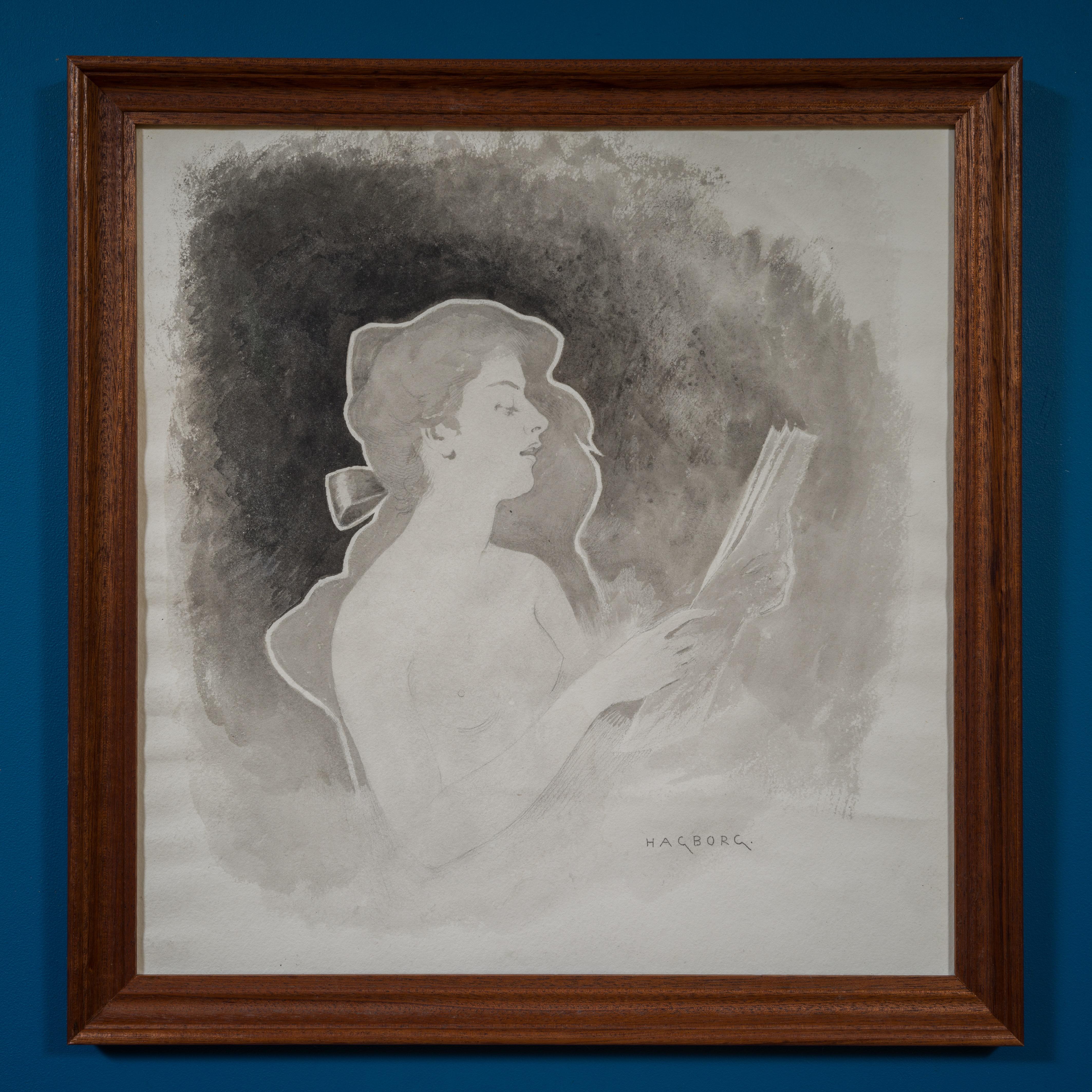 Sarah Bernhardt de profil - Dessin d'August Hagborg en vente 5