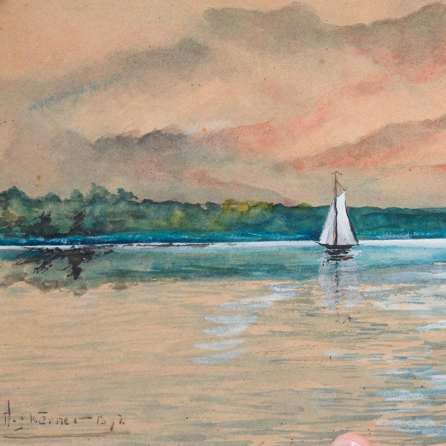Aquarelle d'un coucher de soleil scandinave de 1897 en vente 2
