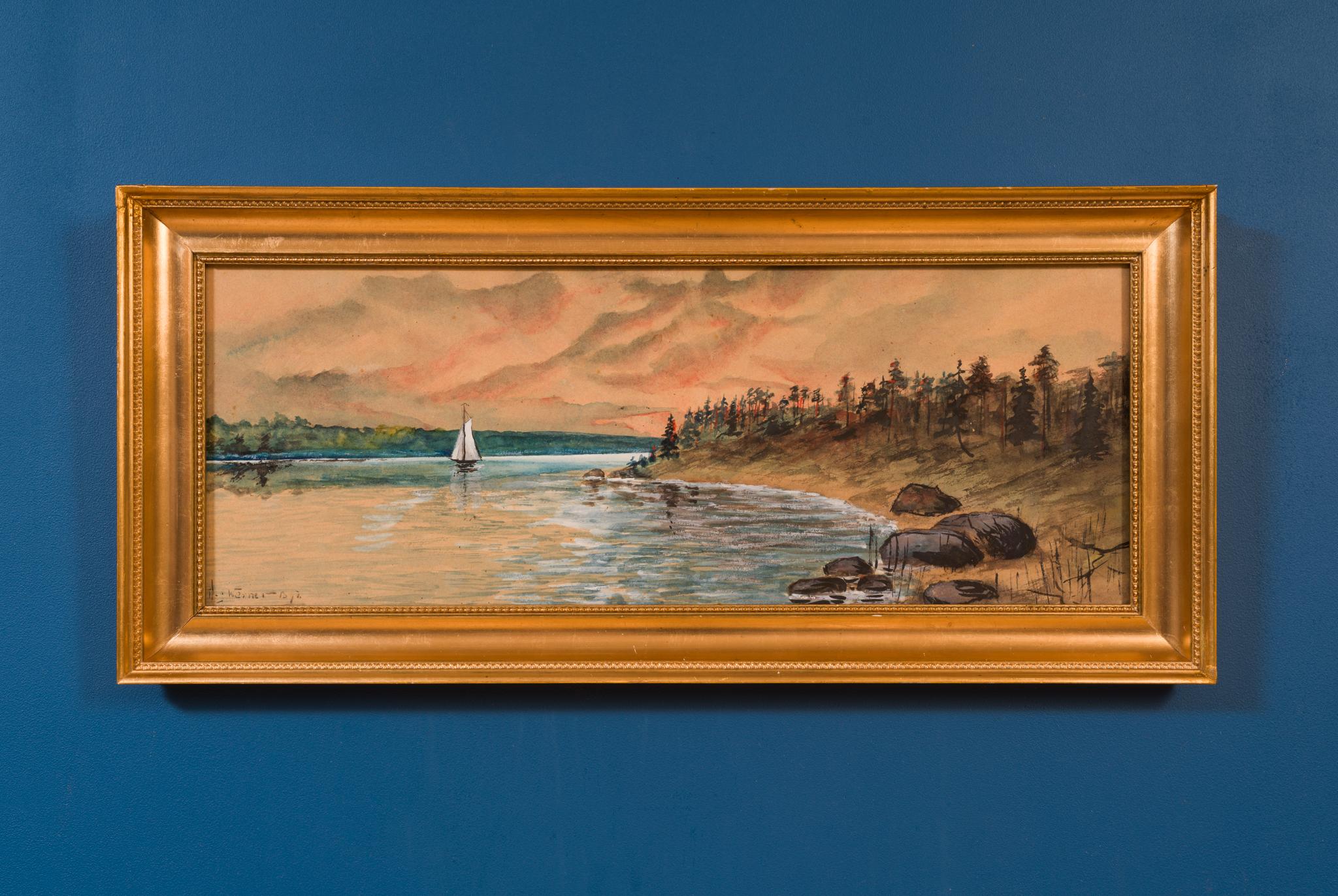 Aquarelle d'un coucher de soleil scandinave de 1897 en vente 5