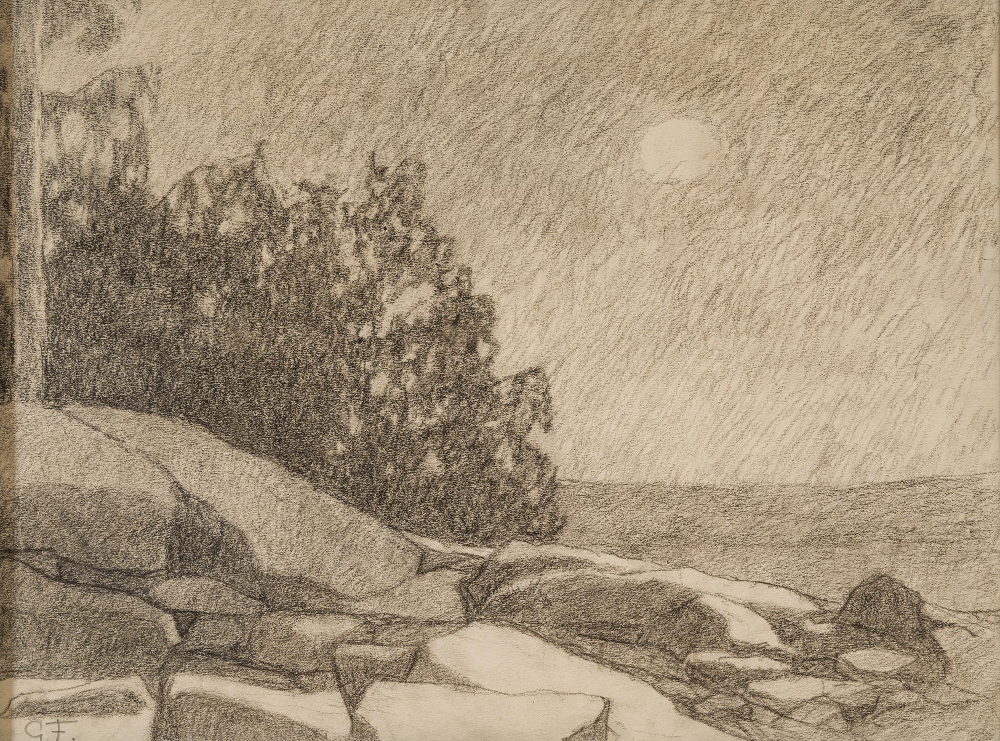 Una costa rocciosa di notte, con la luna piena - Mixed Media Art Romantico di Gustaf Fjaestad