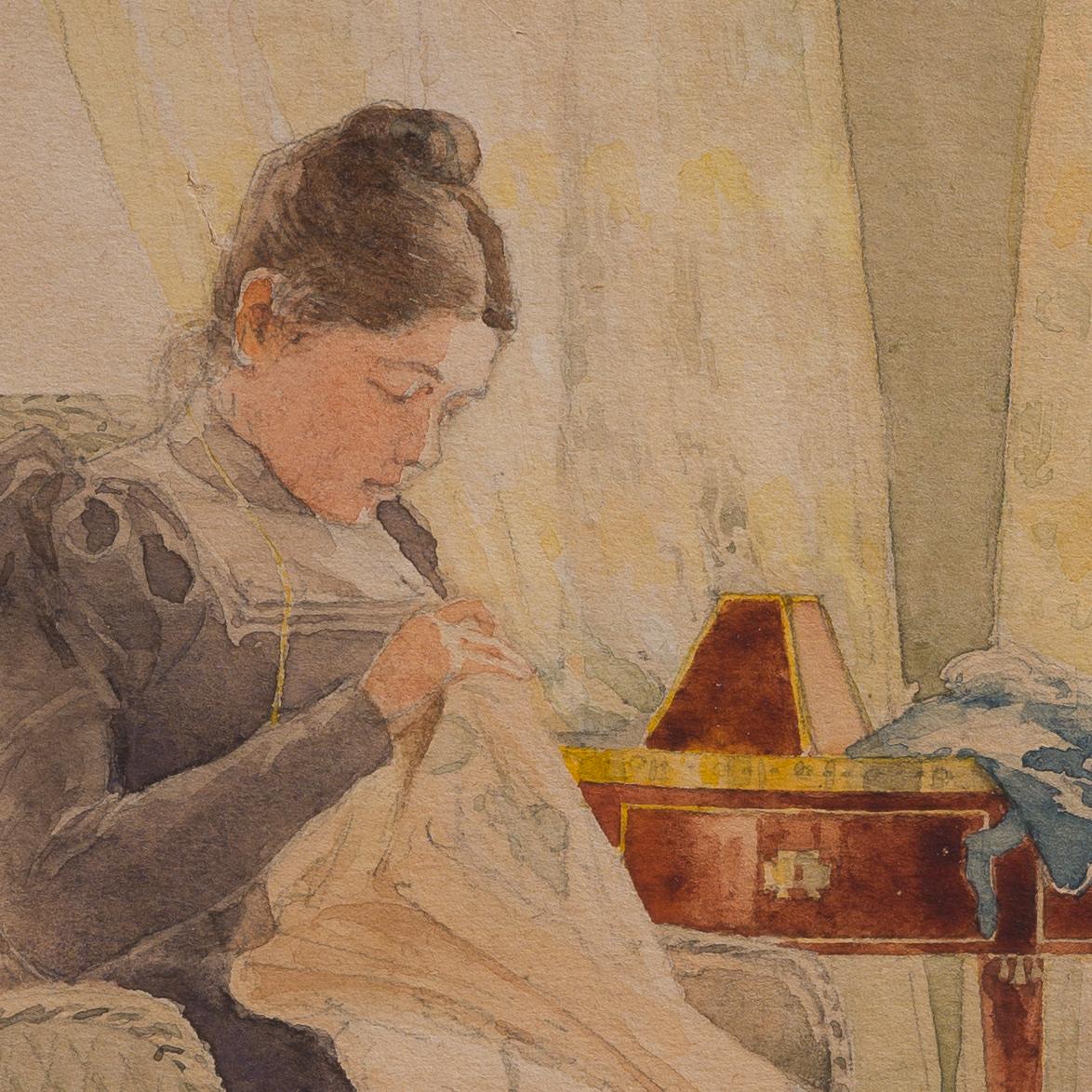 Acuarela de la artista Ella Waldenström que representa a una mujer cosiendo, 1900 en venta 3