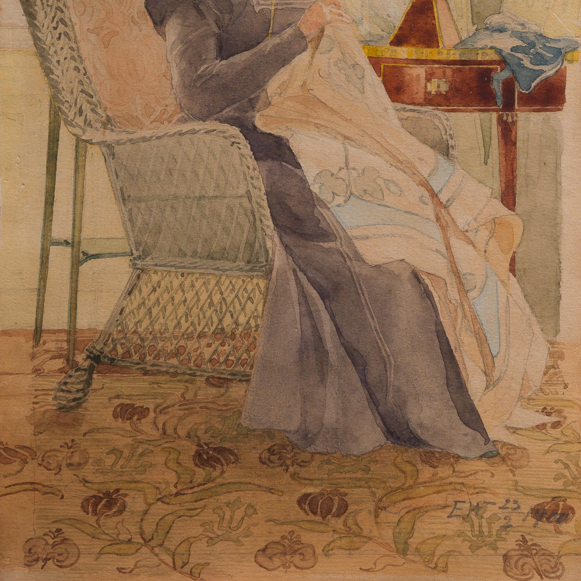 Acuarela de la artista Ella Waldenström que representa a una mujer cosiendo, 1900 en venta 4