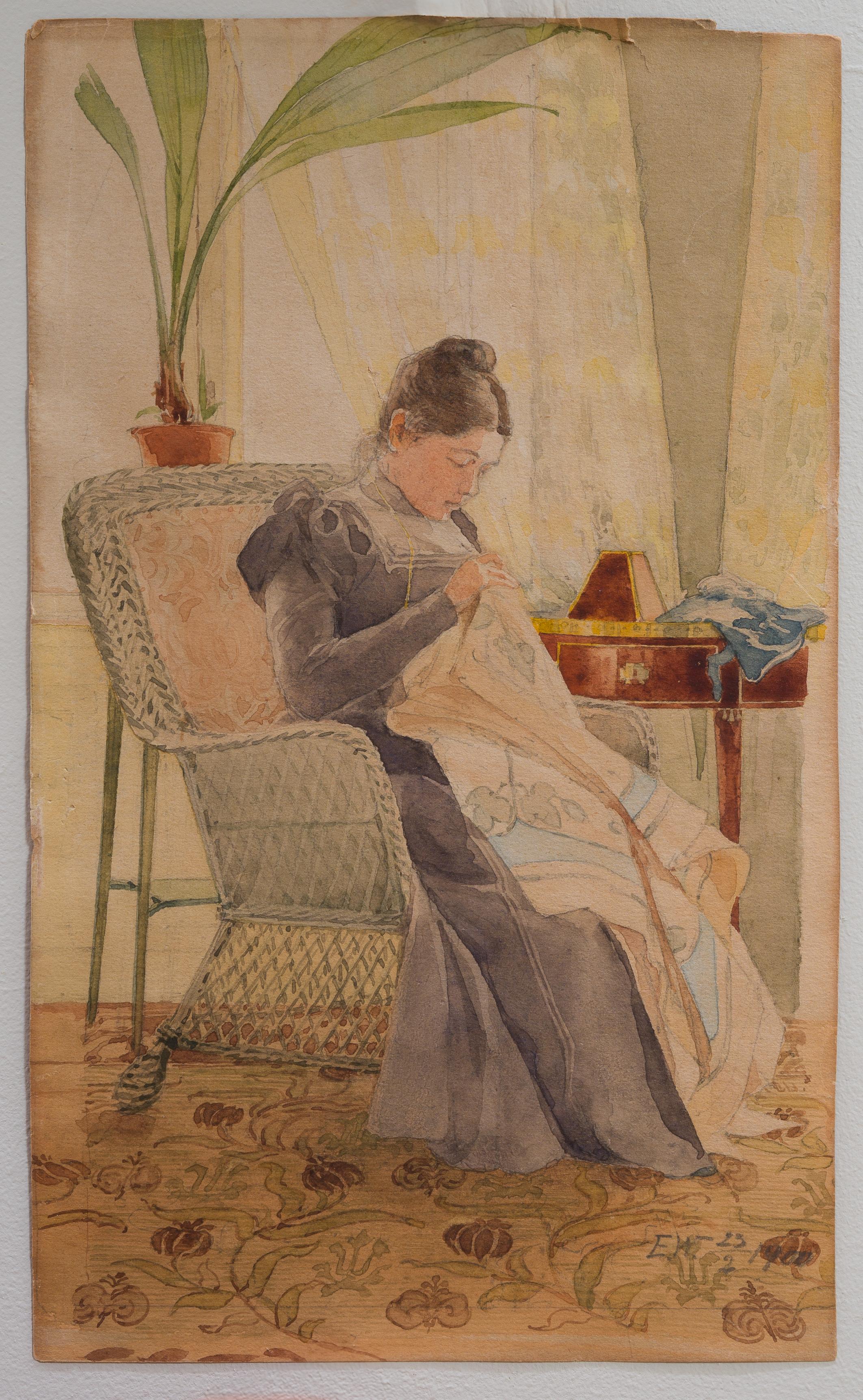 Acuarela de la artista Ella Waldenström que representa a una mujer cosiendo, 1900 en venta 10