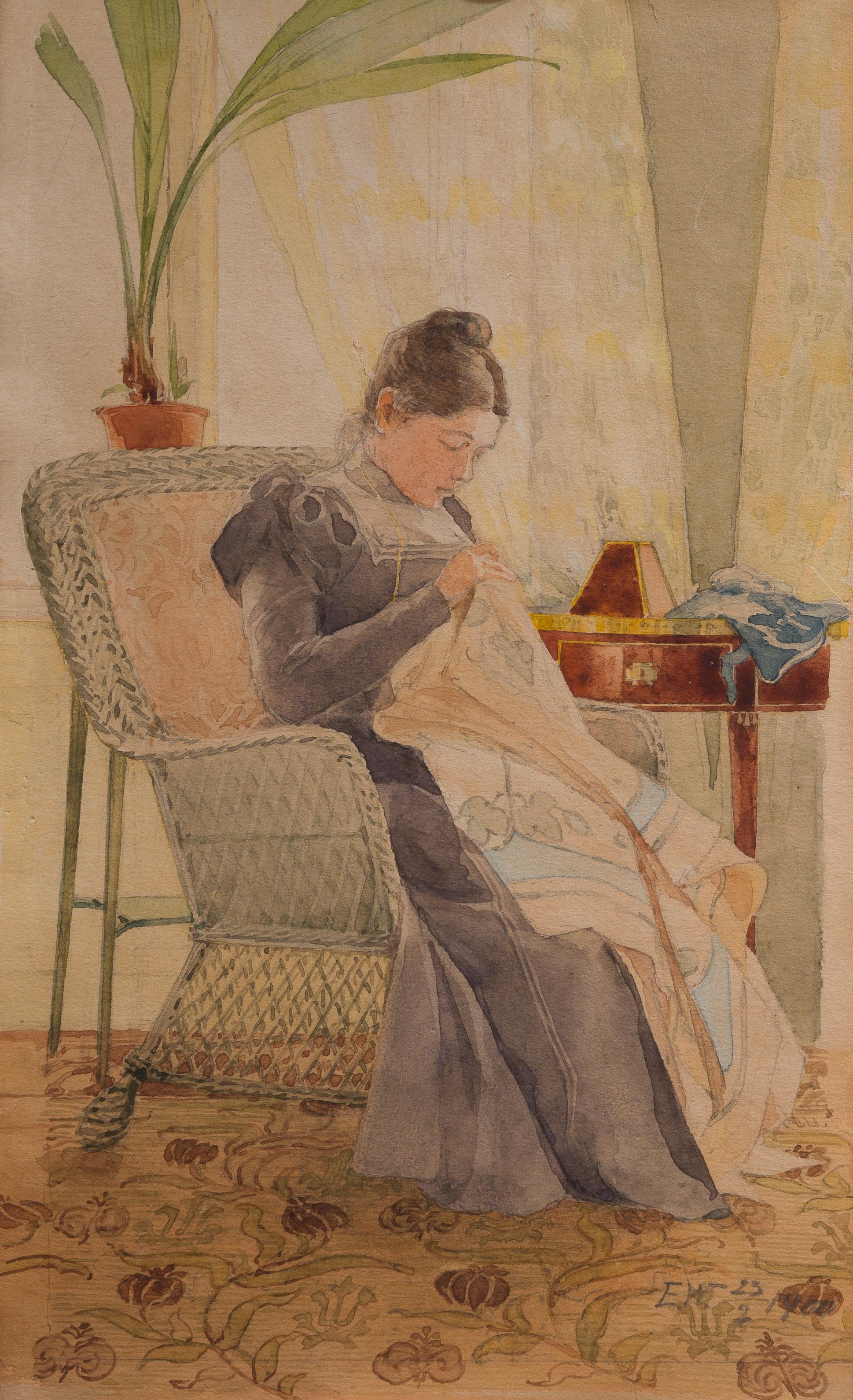 Acuarela de la artista Ella Waldenström que representa a una mujer cosiendo, 1900 en venta 2