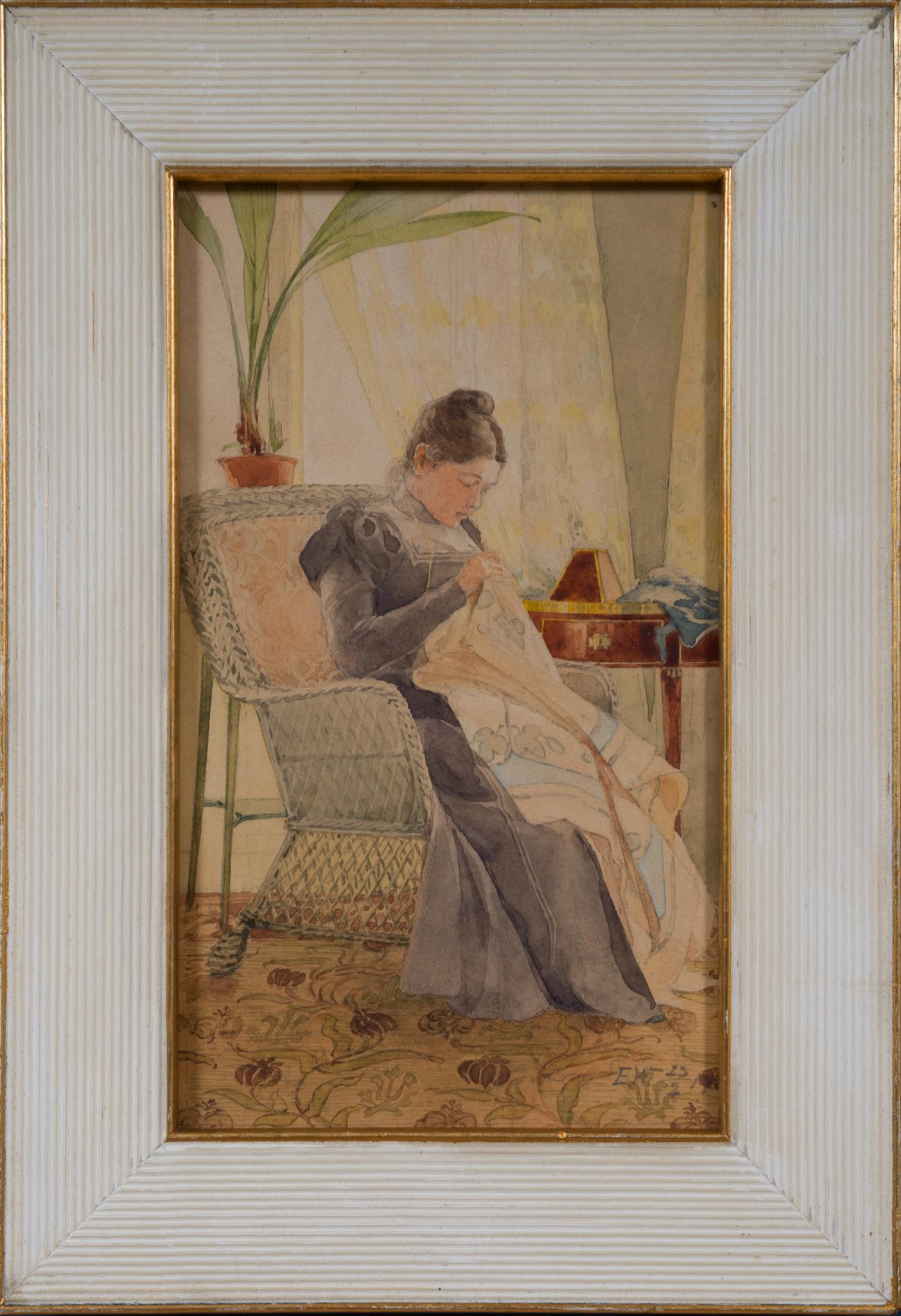 Acuarela de la artista Ella Waldenström que representa a una mujer cosiendo, 1900 en venta 7