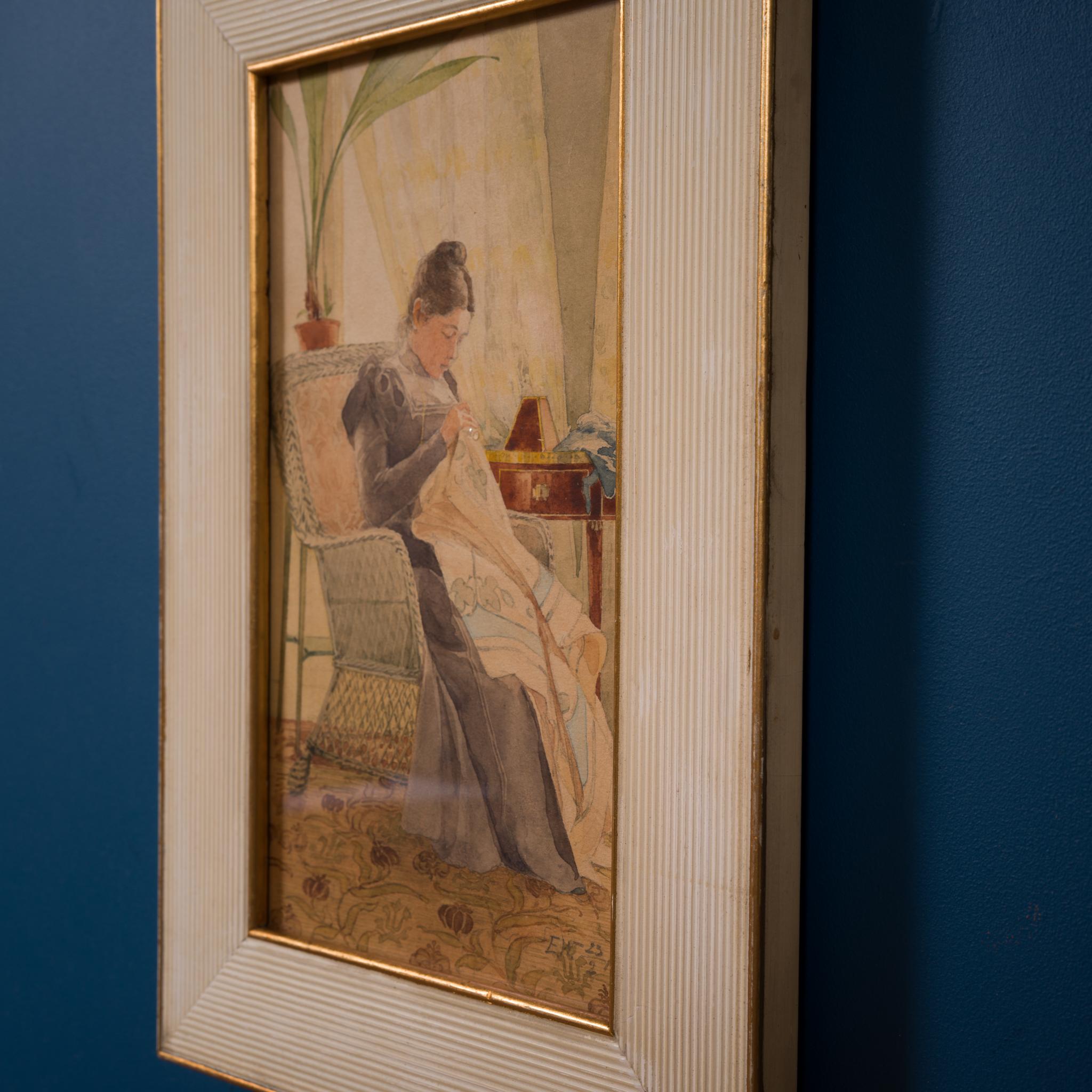 Acuarela de la artista Ella Waldenström que representa a una mujer cosiendo, 1900 en venta 9