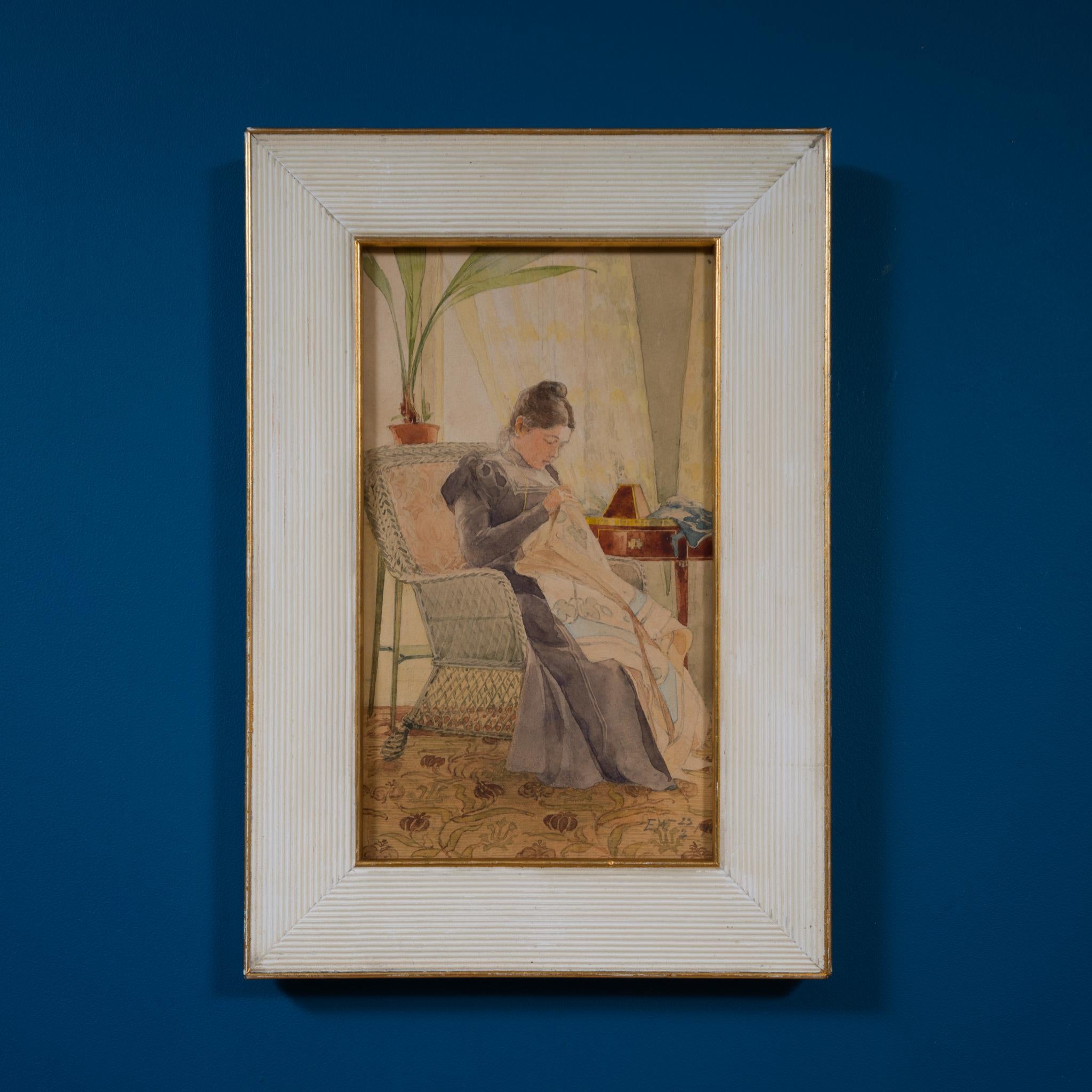 Acuarela de la artista Ella Waldenström que representa a una mujer cosiendo, 1900 en venta 6