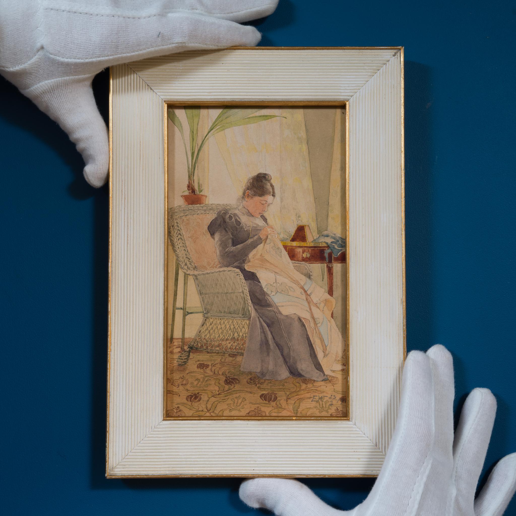 Acuarela de la artista Ella Waldenström que representa a una mujer cosiendo, 1900 en venta 1