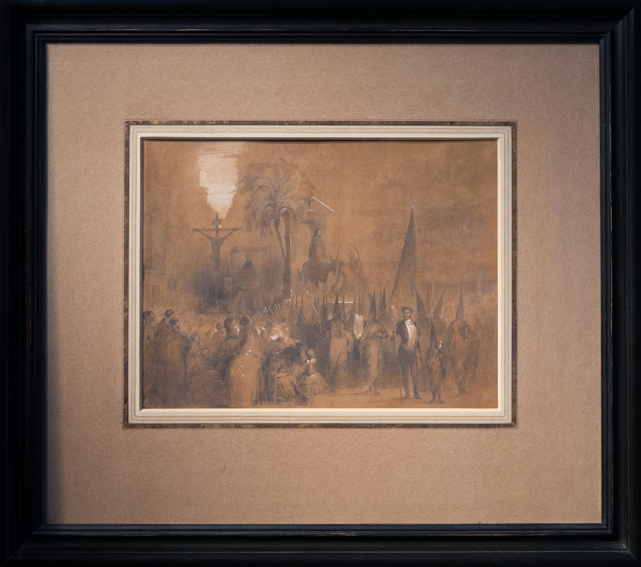 Egron Sellif Lundgren (1815–1875) Sweden

Procession during Holy Week in Seville, Spain

Black ink, pencil, brown and red wash heightened with white on brown paper, 201 x 267 mm.
framed 43 x 48 cm

Literature:
Lady Louisa Tenison, Castile and