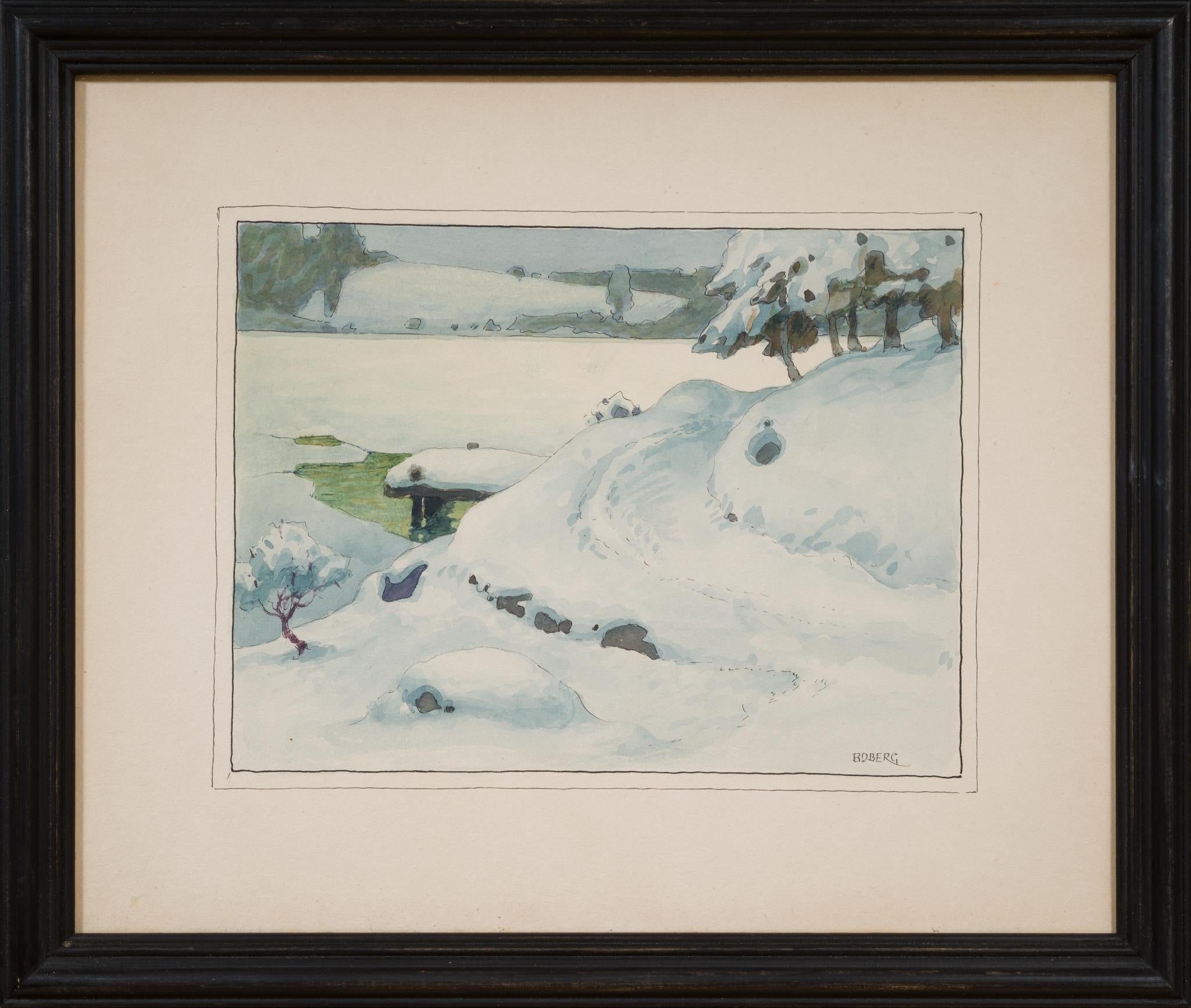 Paisaje invernal con embarcadero junto a una vía fluvial helada - Art Realista de Ferdinand Boberg