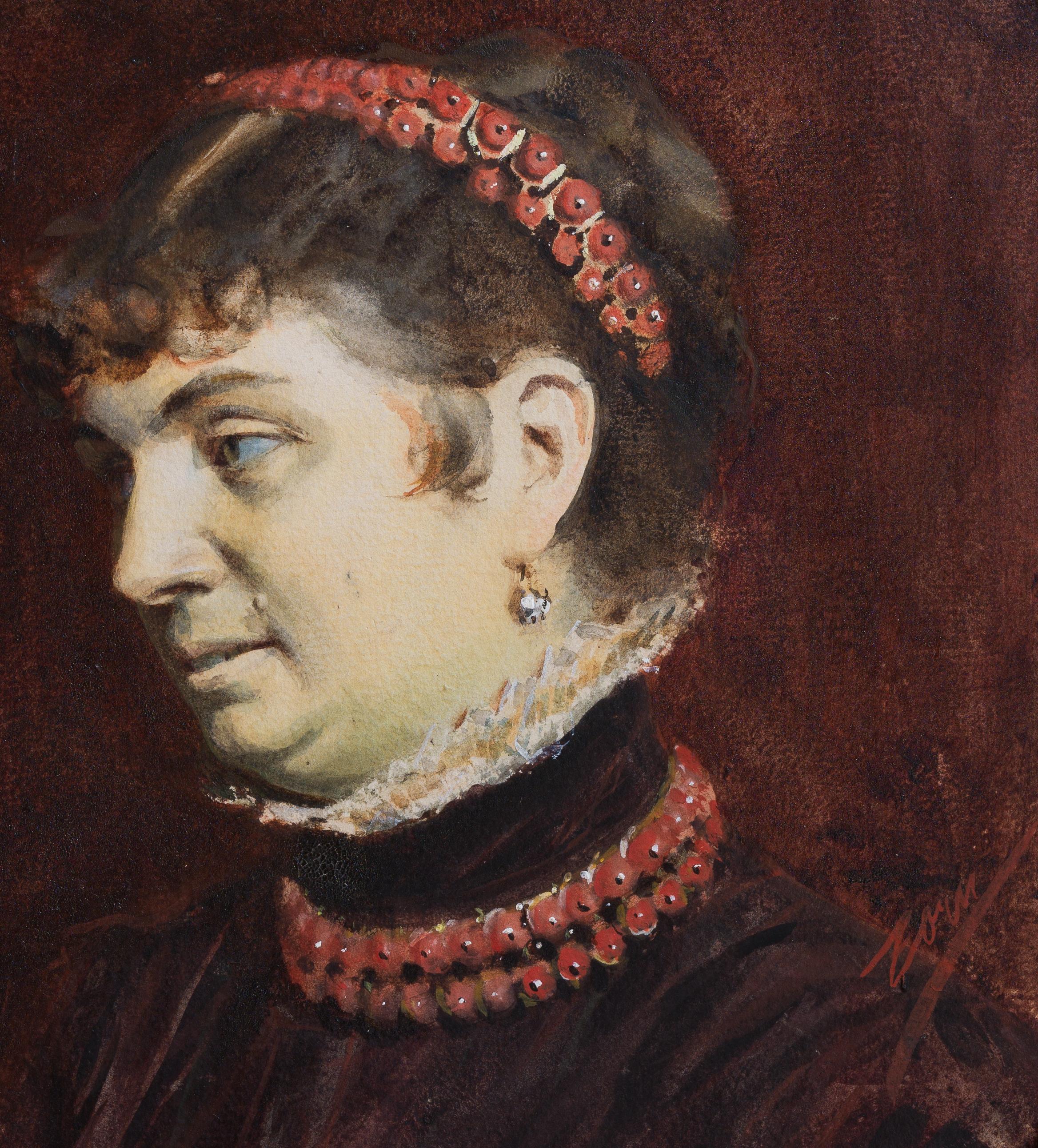 Portrait de Mme Veronica Heiss avec une parure de cheveux et un collier en corail, 1883 en vente 2