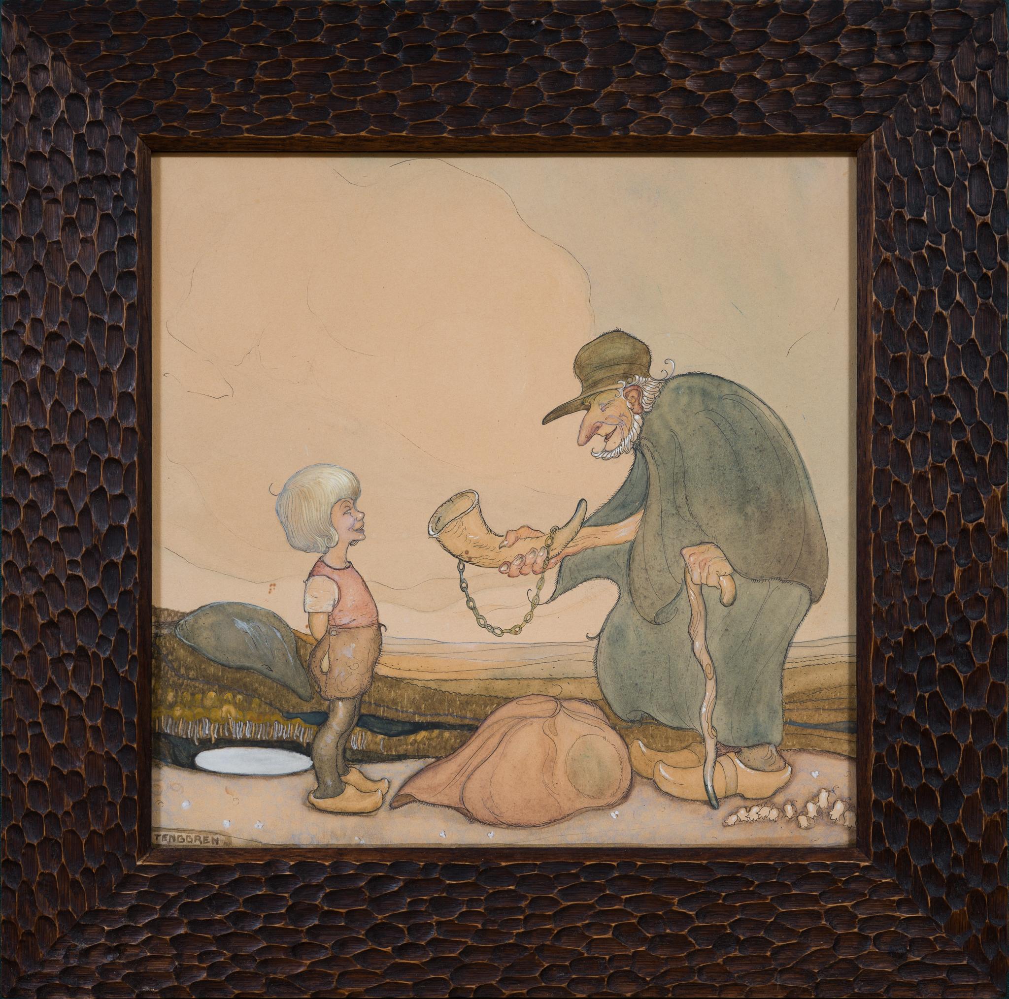  Gustaf Tenggren Figurative Art - From Folklore to Disney: Tenggren’s 1919 Scene with Boy and Ceremonial Horn