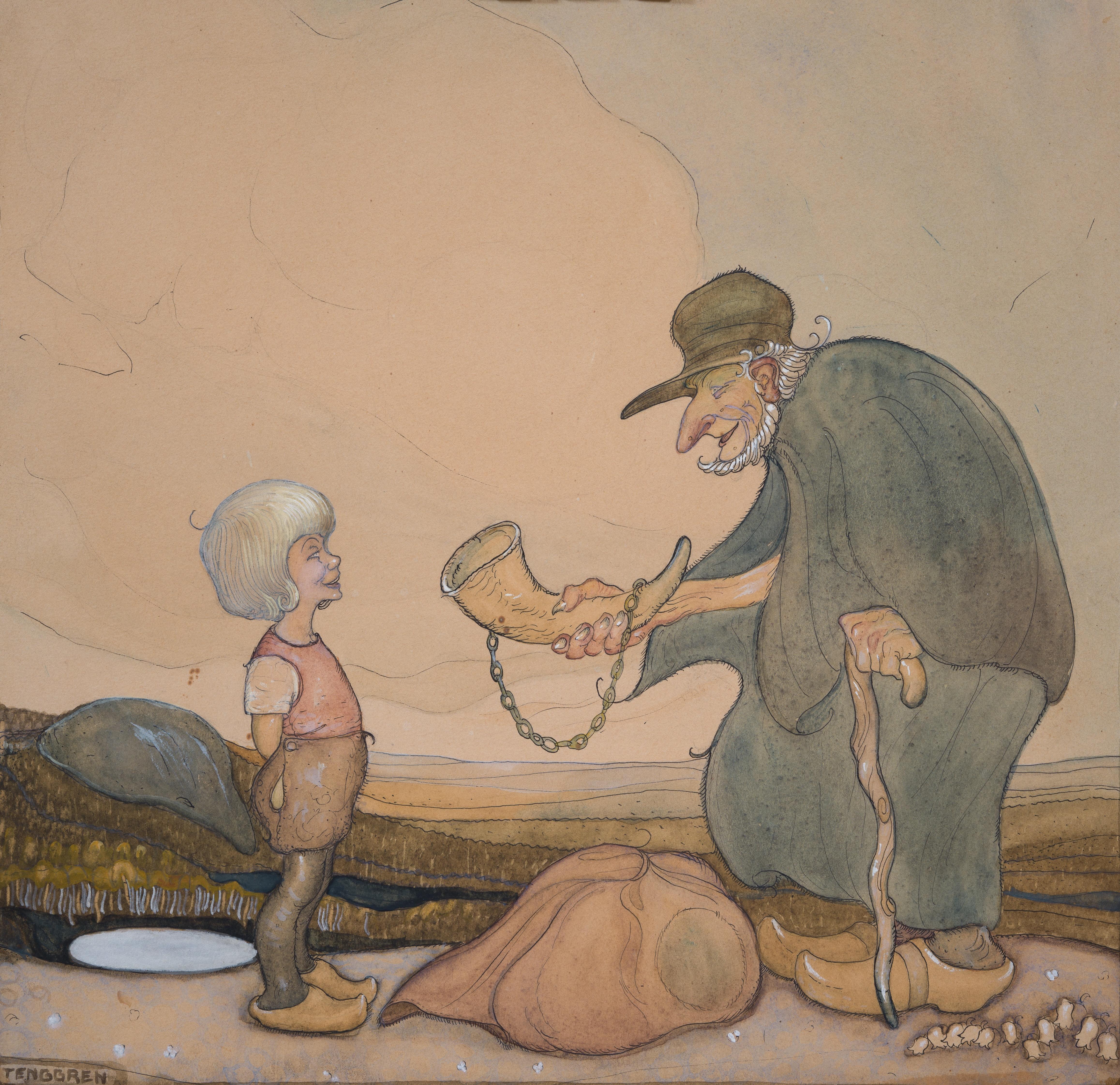 From Folklore to Disney: Tenggren’s 1919 Scene with Boy and Ceremonial Horn - Realist Art by  Gustaf Tenggren
