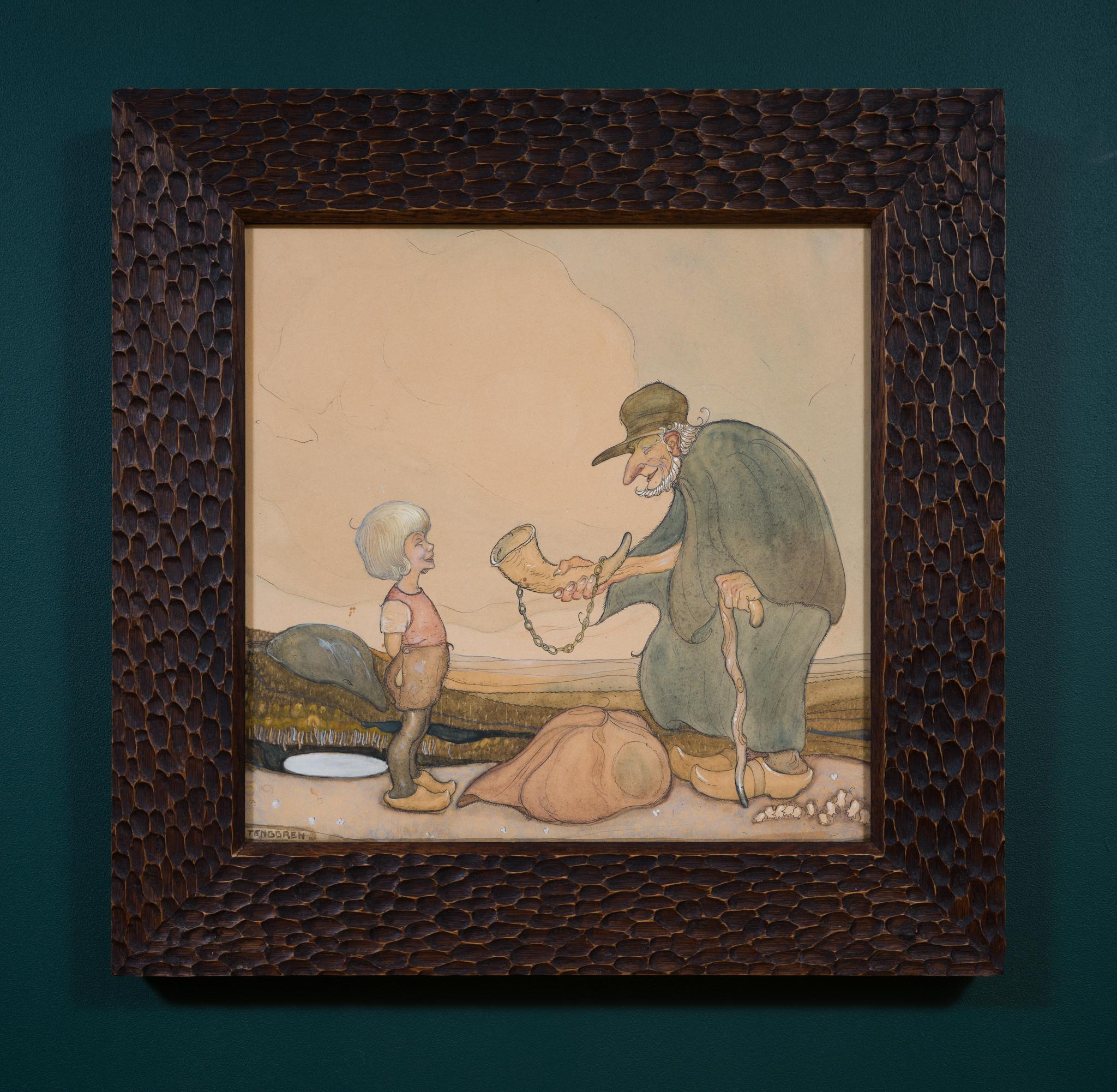 From Folklore to Disney: Tenggren’s 1919 Scene with Boy and Ceremonial Horn - Black Figurative Art by  Gustaf Tenggren