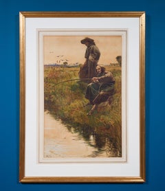 Quiet Afternoon by the Stream, Watercolor on Paper, Signed, 1881