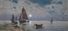 Boats in Moonlight Watercolor on Paper, Swedish Coastal Scene, 1904