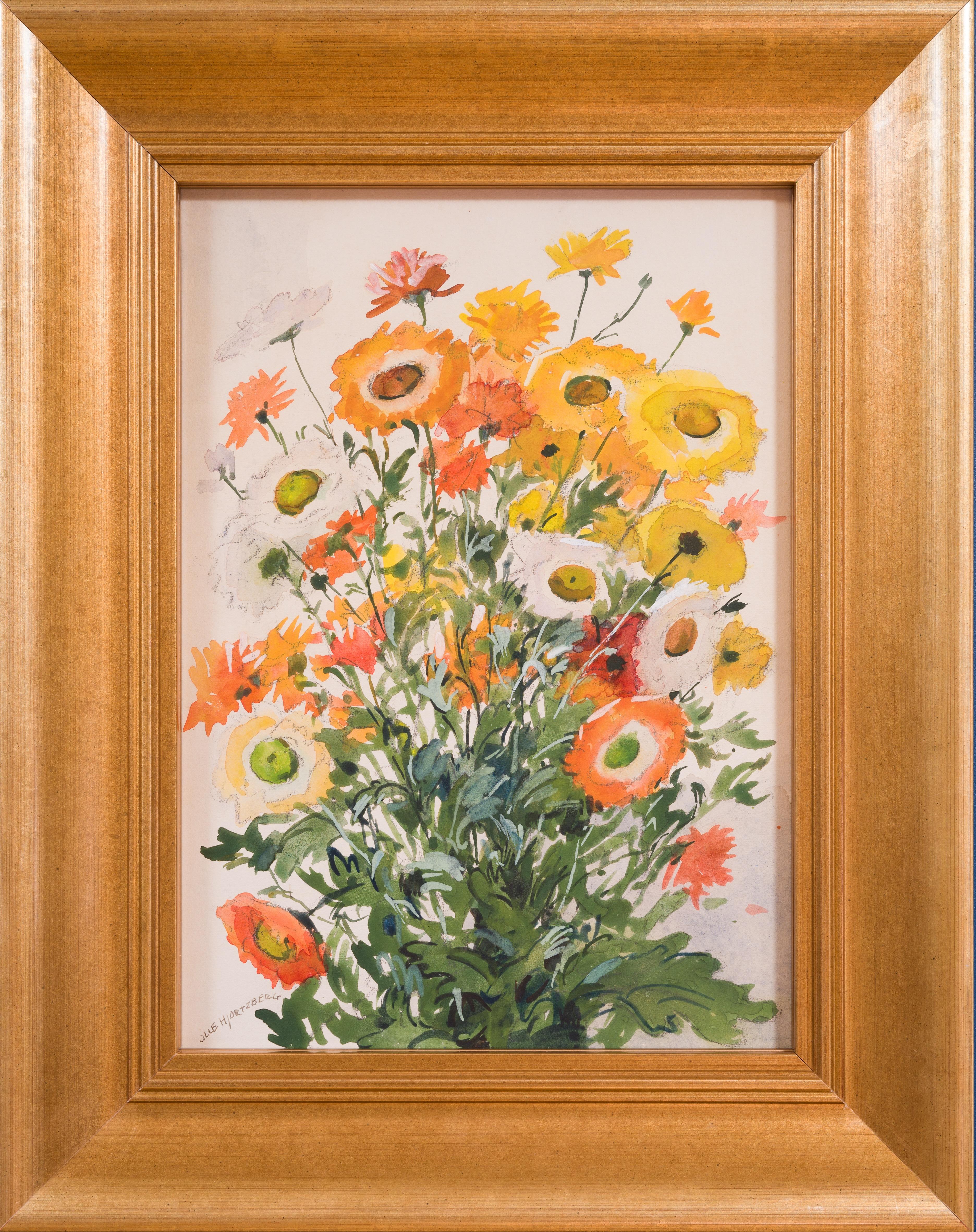 Olle Hjortzberg Bouquet de fleurs de prairie Aquarelle c.1950 Art suédois