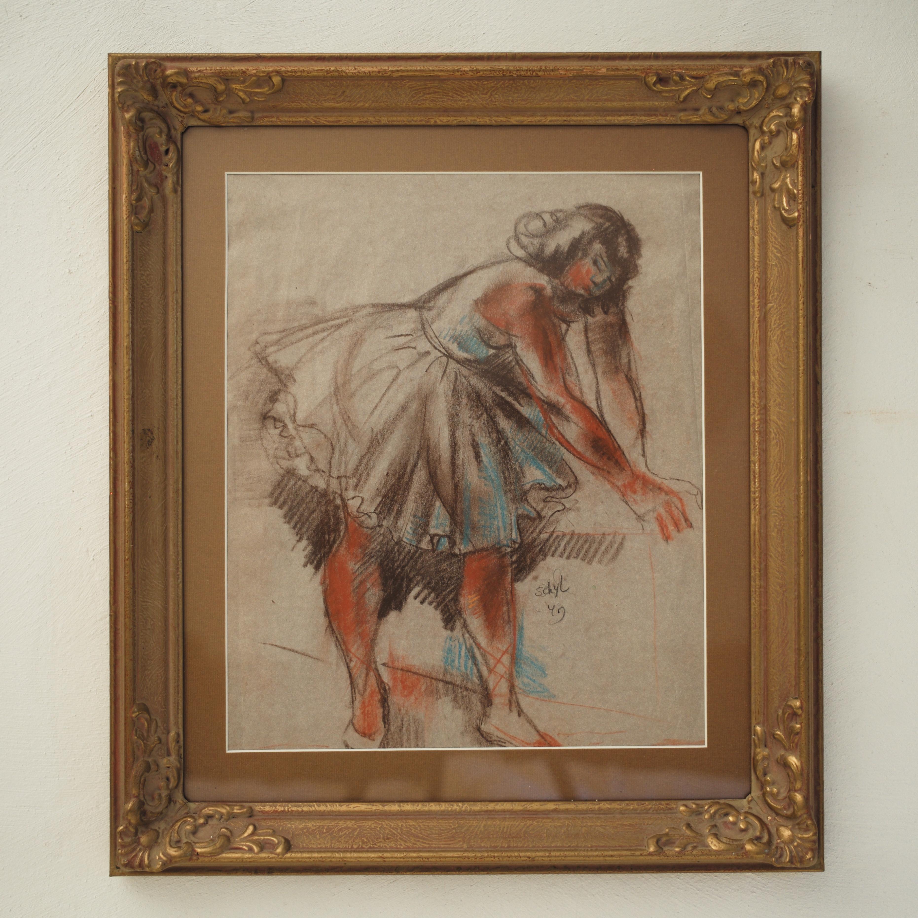 Ballet Dancer by Jules Schyl, Pastel on paper, Similarities with Degas For Sale 3