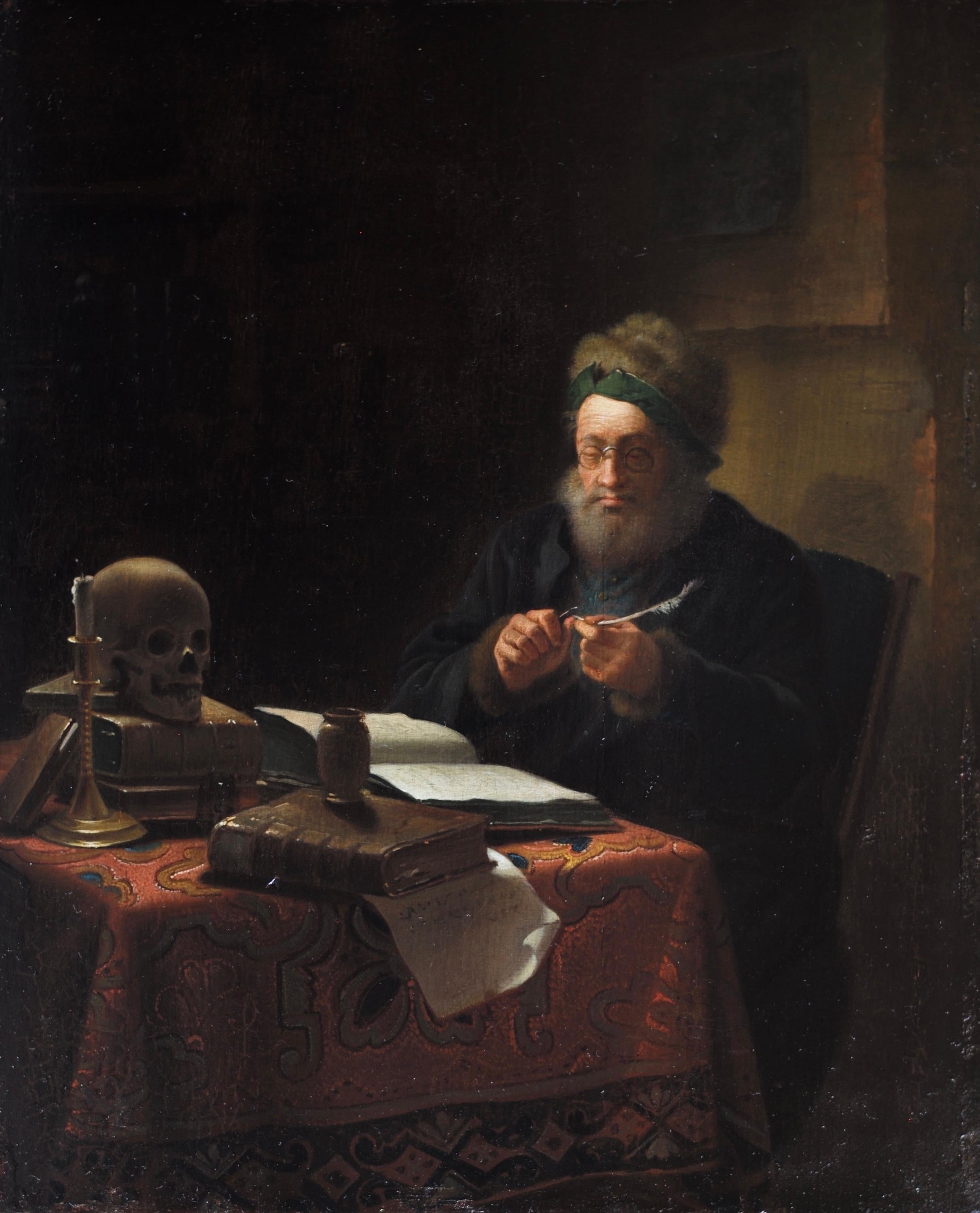 Scholar Sharpening His Quill Penn attribué à Justus Juncker, huile sur panneau