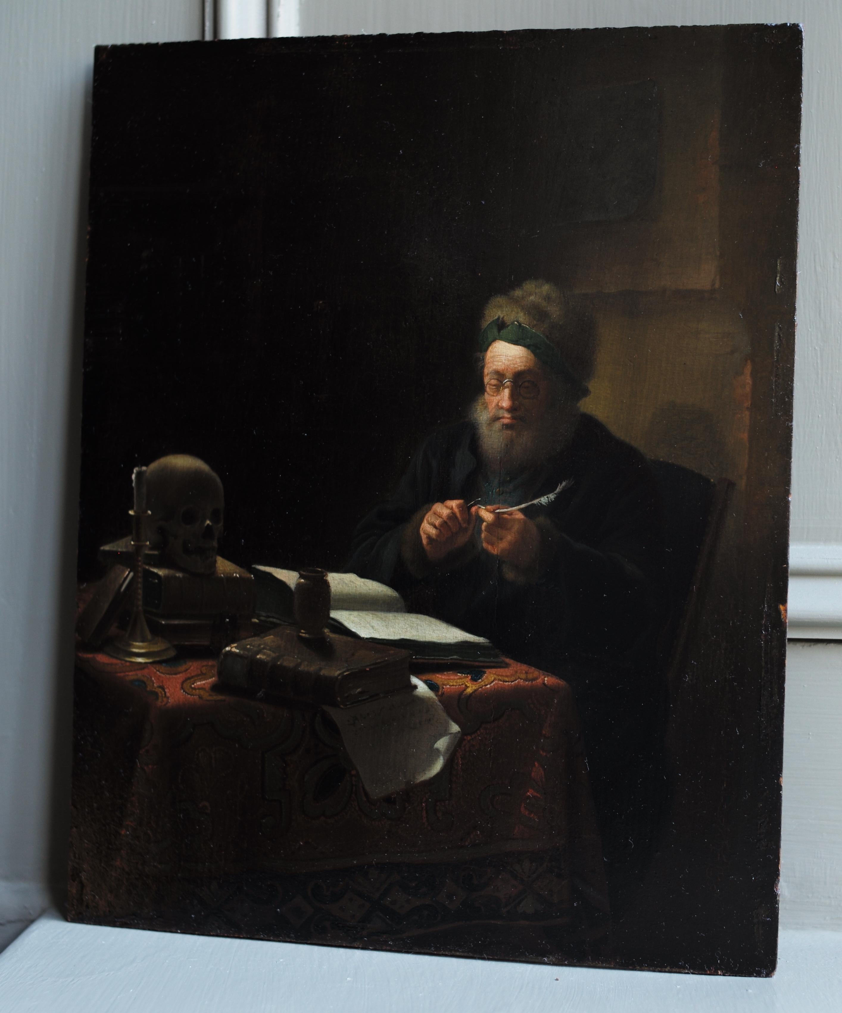 Scholar Sharpening His Quill Penn Attributed to Justus Juncker, Oil on Panel For Sale 4