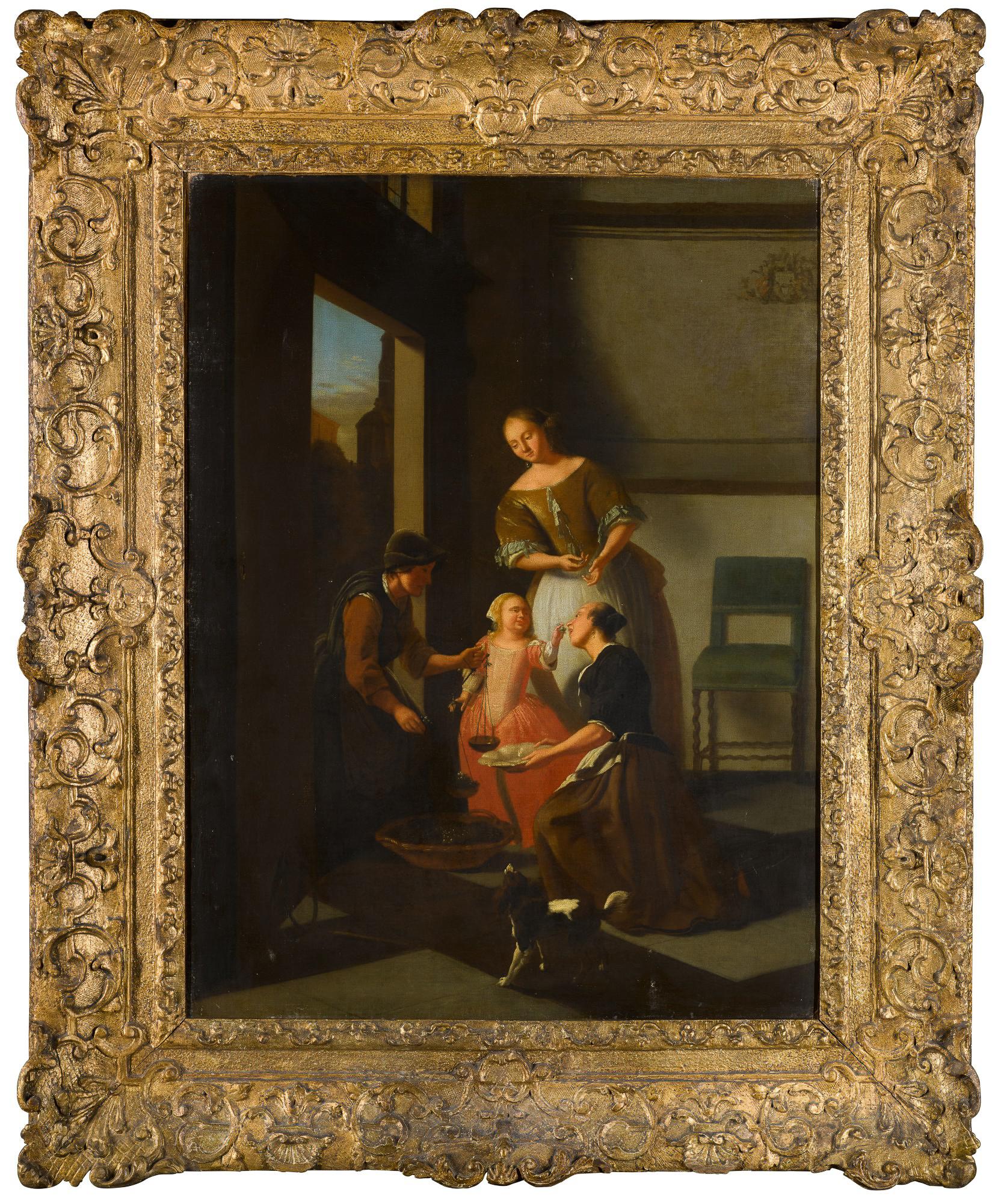 Le vendeur de raisins par Jacob Ochtervelt (Workshop), huile sur toile, cadre d'époque