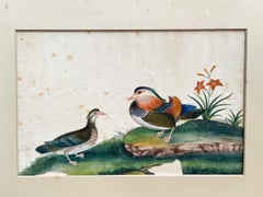 Deux canards mandarins, cercle de Sunqua, gouache sur papier de riz, dynastie Qing