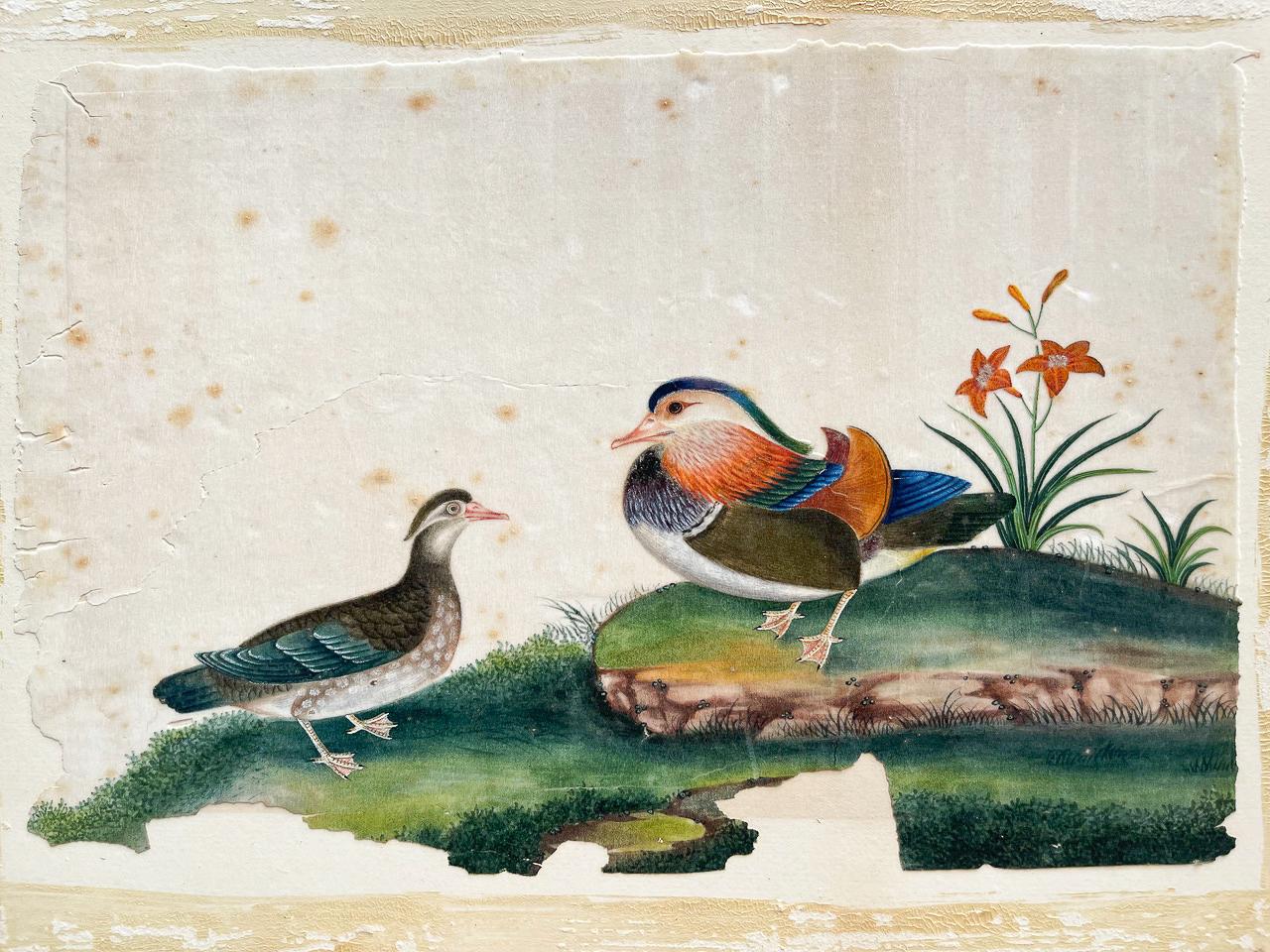 Two Mandarin Ducks, Circle of Sunqua, Gouache on Pith Paper, Qing Dynasty For Sale 2