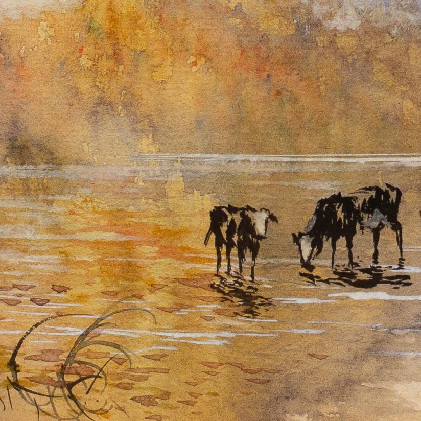 Vue de paysage avec des vaches qui boivent de l'eau par l'artiste américain Hugo Anton Fisher en vente 4