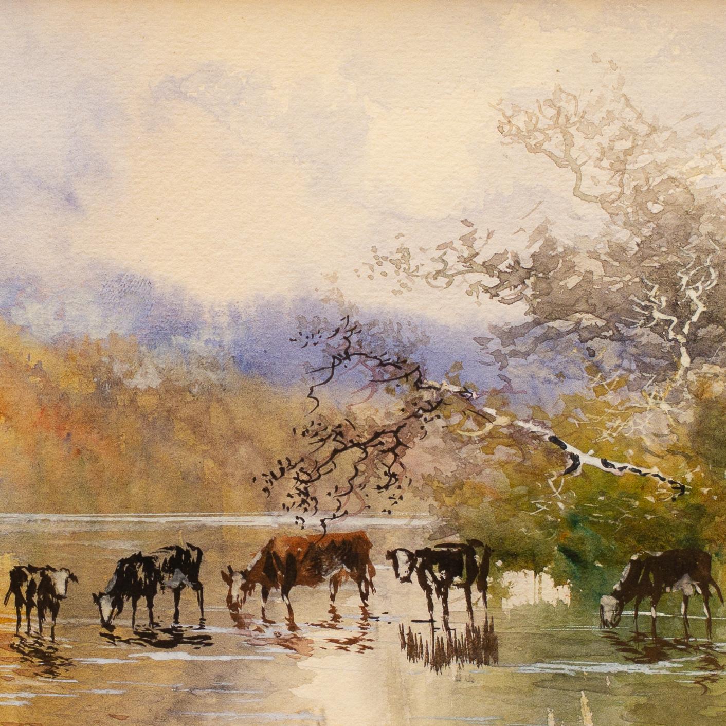 Vue de paysage avec des vaches qui boivent de l'eau par l'artiste américain Hugo Anton Fisher en vente 3