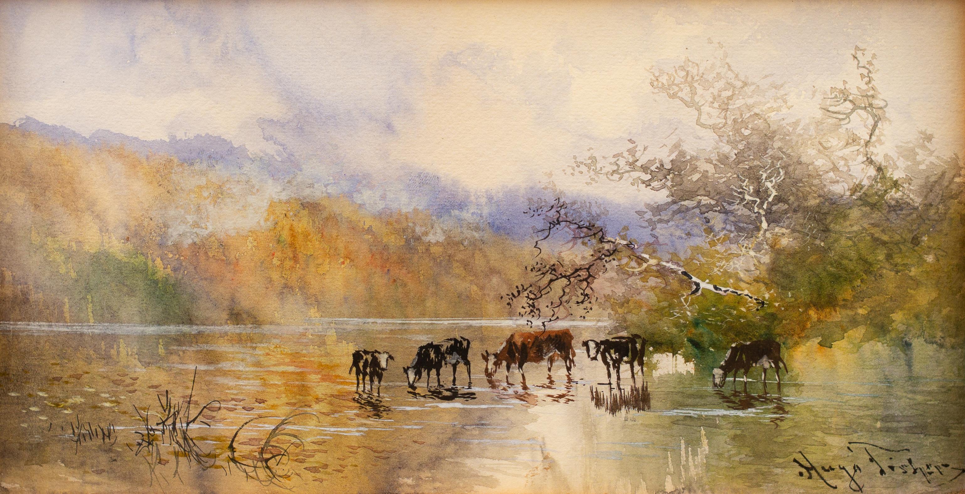 Vue de paysage avec des vaches qui boivent de l'eau par l'artiste américain Hugo Anton Fisher en vente 1