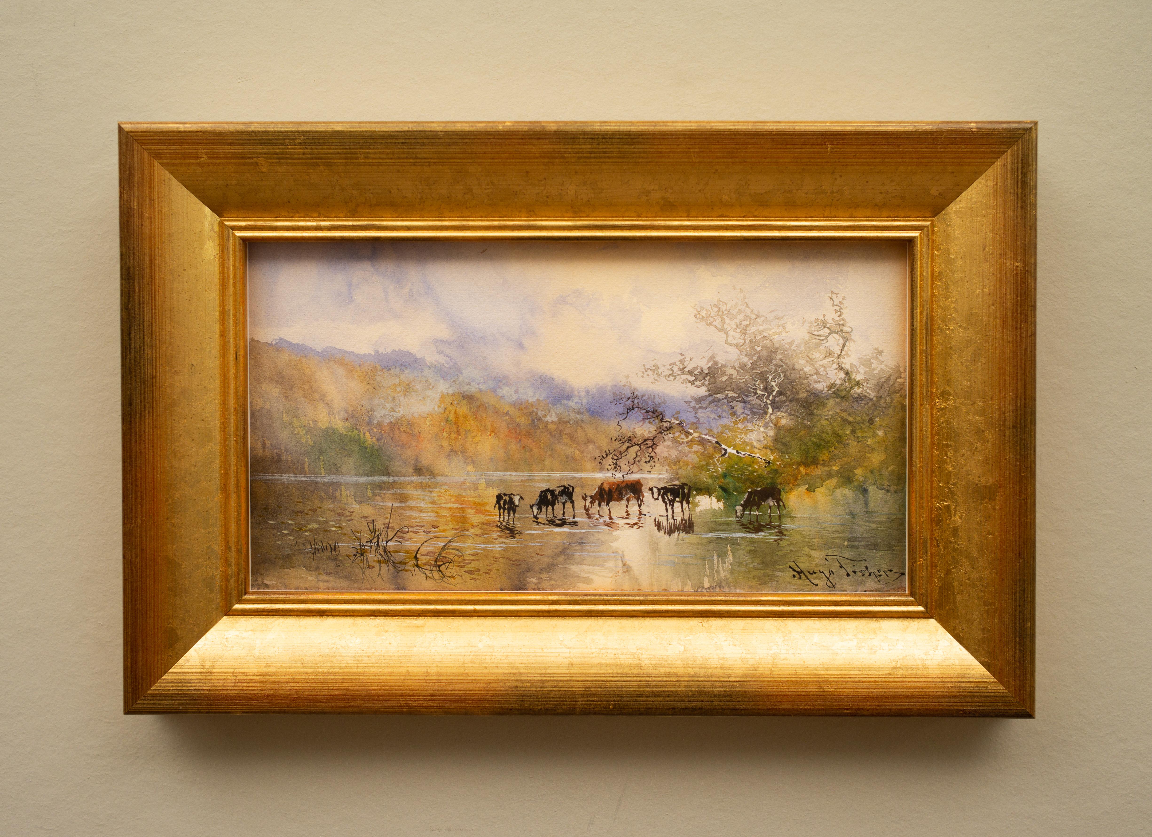 Vue de paysage avec des vaches qui boivent de l'eau par l'artiste américain Hugo Anton Fisher en vente 6