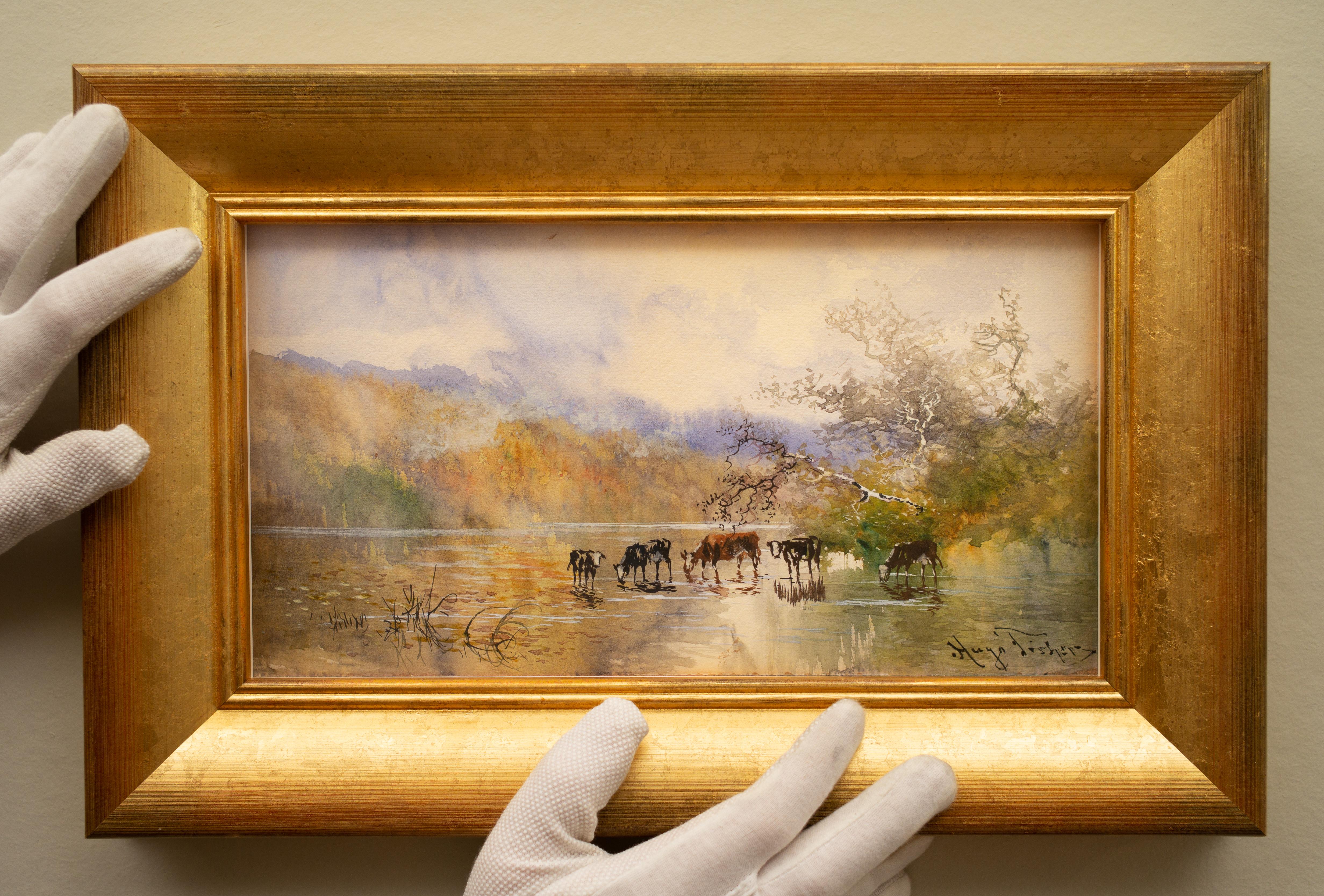 Vue de paysage avec des vaches qui boivent de l'eau par l'artiste américain Hugo Anton Fisher en vente 2
