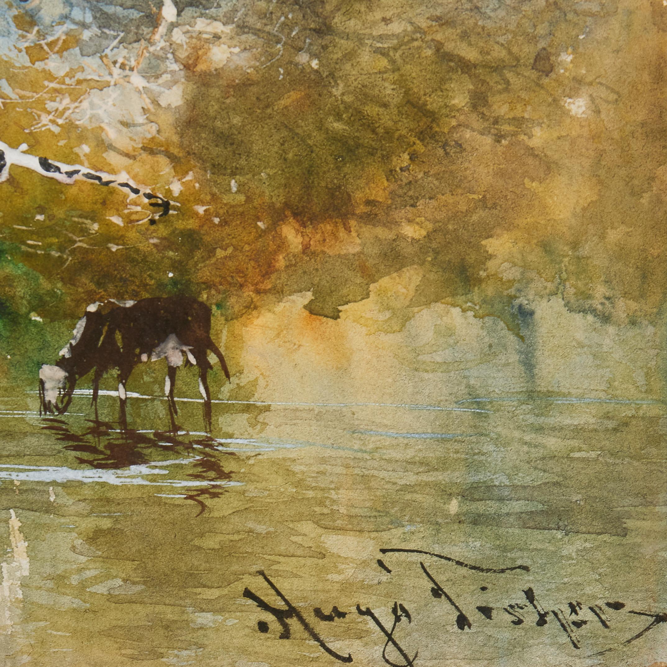 Vue de paysage avec des vaches qui boivent de l'eau par l'artiste américain Hugo Anton Fisher en vente 5