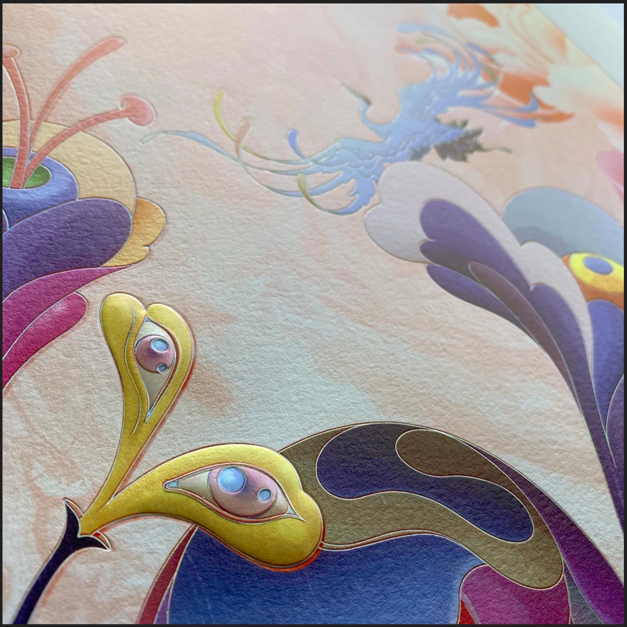 The Editor prunes the branching narratives of her imagination emerging from a ceramic planter on her lap. The leafy shoots reveal pairs of eyes, each highlighted with a holographic sheen and sculpted in shallow relief. The eyes refer to a painting