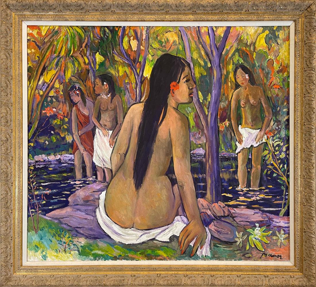Manor Shadian Figurative Painting - Polynesian Girl Bathing - Original Oil