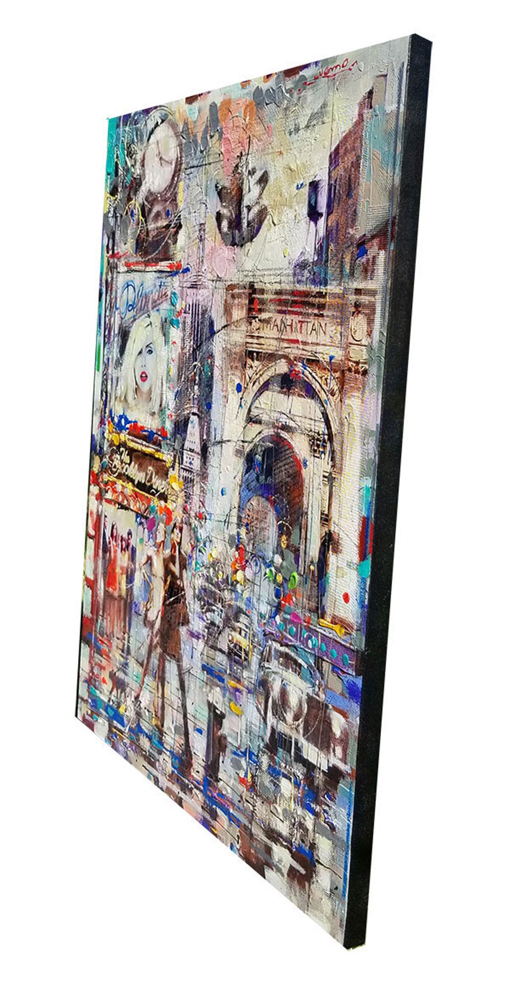 Artist: Victor Colesnicenco
Title: To Manhattan
Medium: Original Mixed Media on Canvas
Signature: Hand-signed by the Artist
Size: Approximately 36x48 inches
Framed: Frame size 38x50 inches
Biography: Victor Colesnicenco (NEMO) grew up in Chisinau,