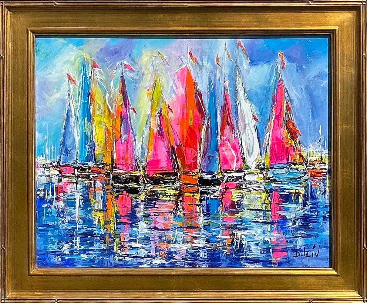 Artist: Duaiv
Title: Sails of Colors
Medium: Original Oil on Linen
Signature: Hand-signed by the Artist
Size: Approximately 30x24 inches
Framed: Frame Size 37x31 inches
Biography: Duaiv creates paintings that transcend the boundaries of