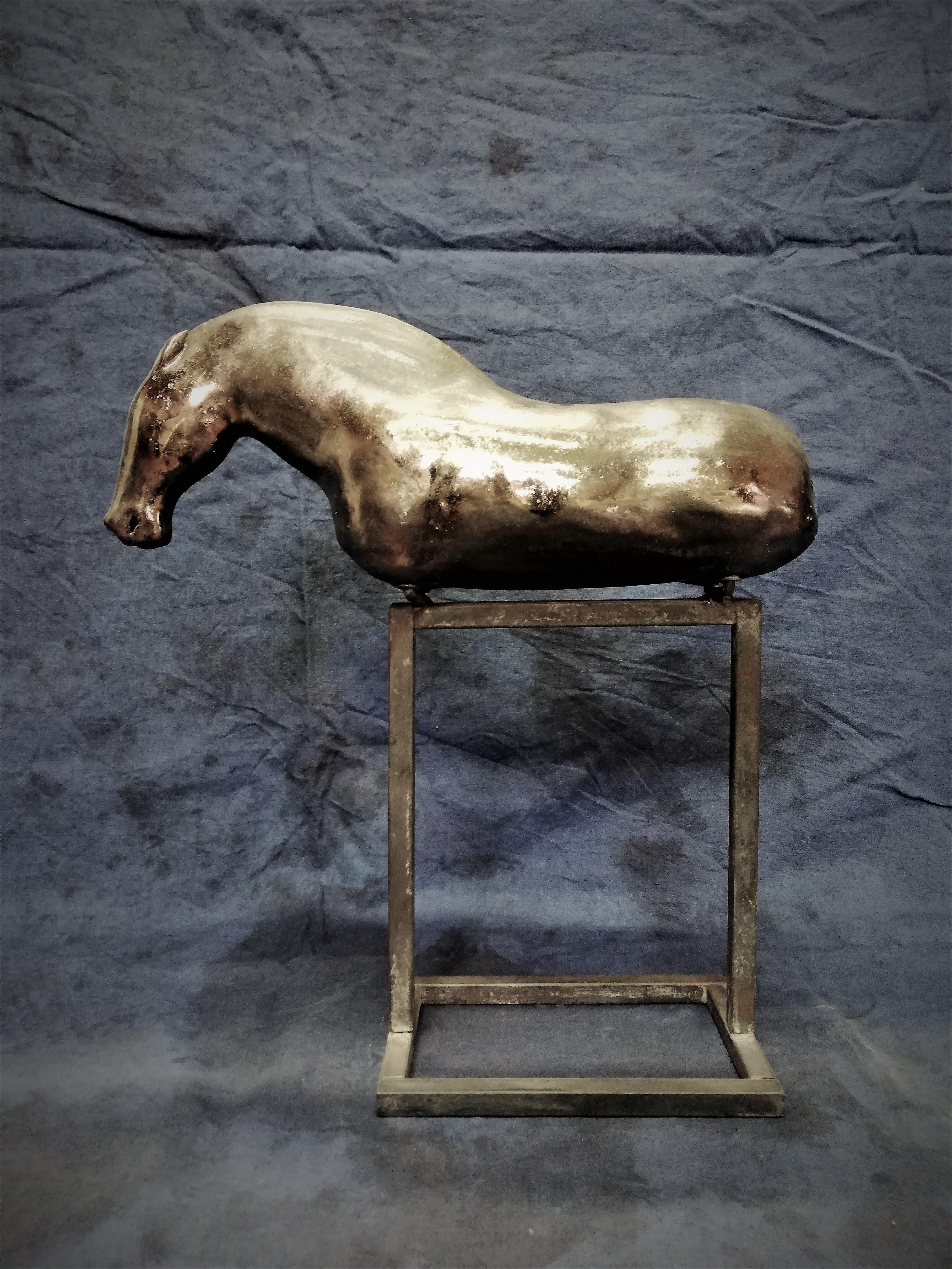 Boguslaw Popowicz Figurative Sculpture - Bogulaw Popowicz, Unique Golden Horse, Welded Ceramic Technique, 32x28x10cm 2019