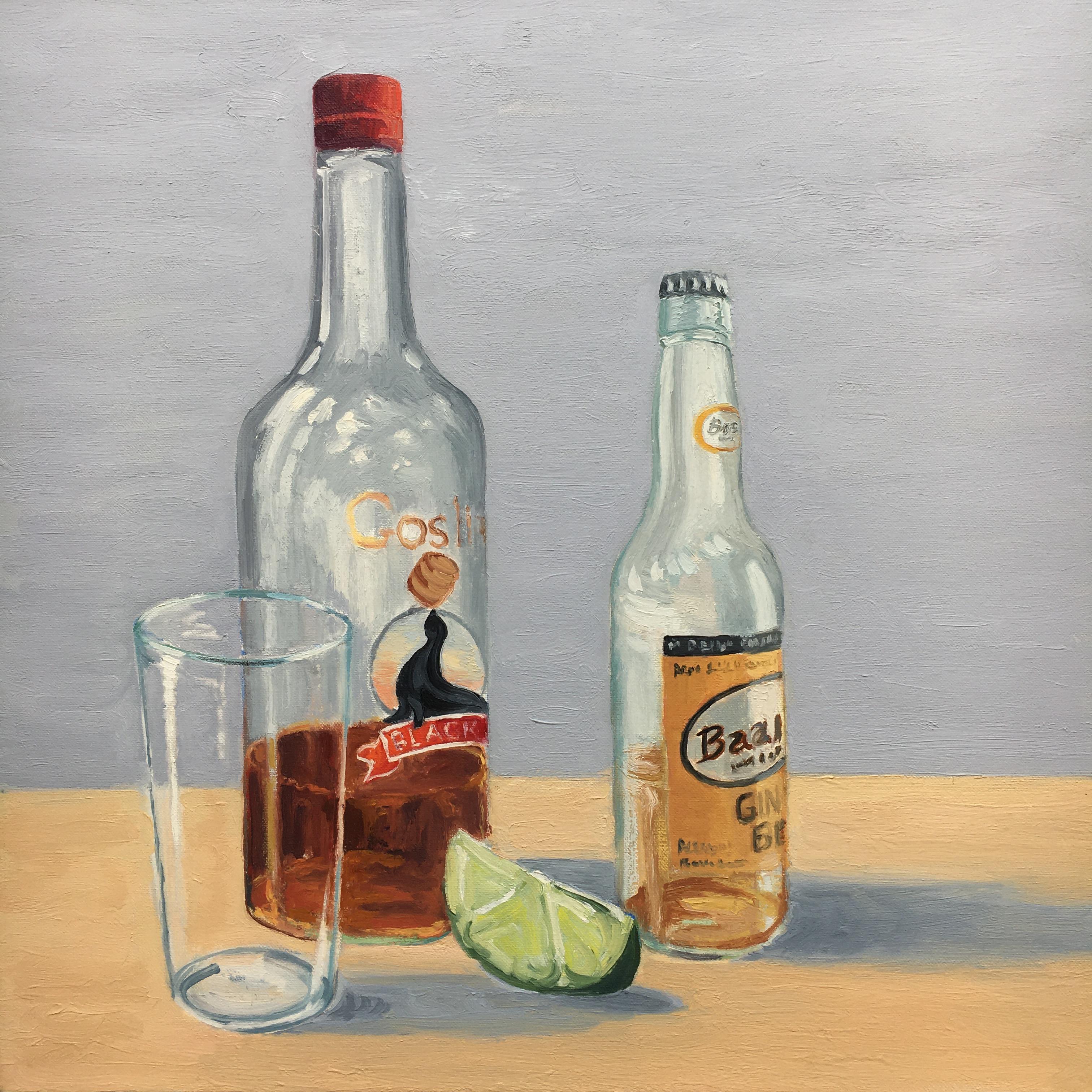 Carl Scorza Still-Life Painting - Rum Liquor Bottle with Beer Bottle, Glass, and Lime. Title - Dark and Stormy