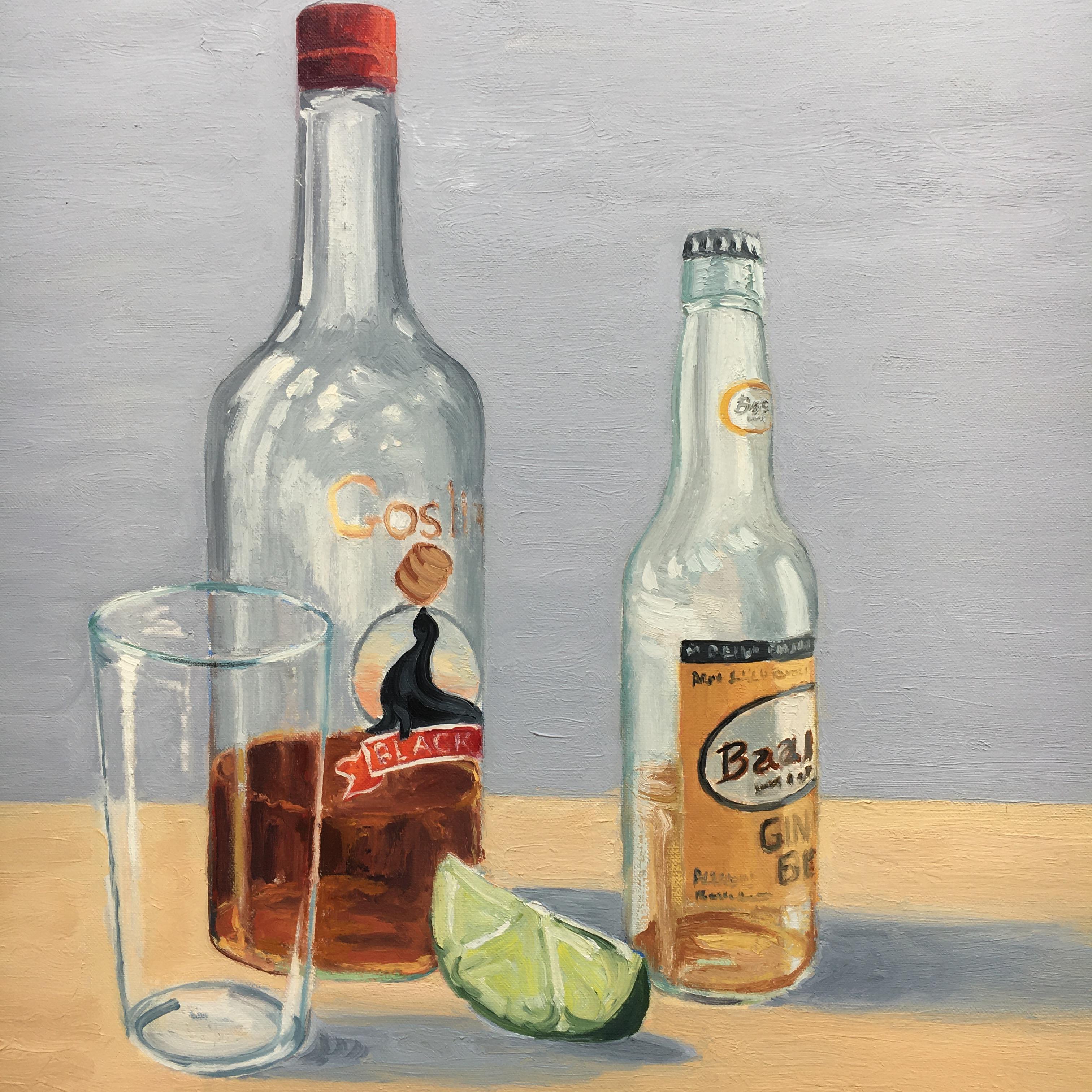 Rum Liquor Bottle with Beer Bottle, Glass, and Lime. Title - Dark and Stormy - Painting by Carl Scorza