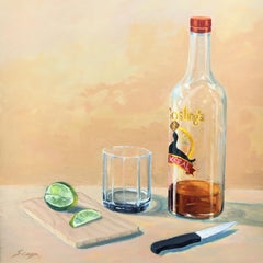 Used Rum Bottle with Glass, Knife, and Wedges of Lime. Title - Drinking Alone
